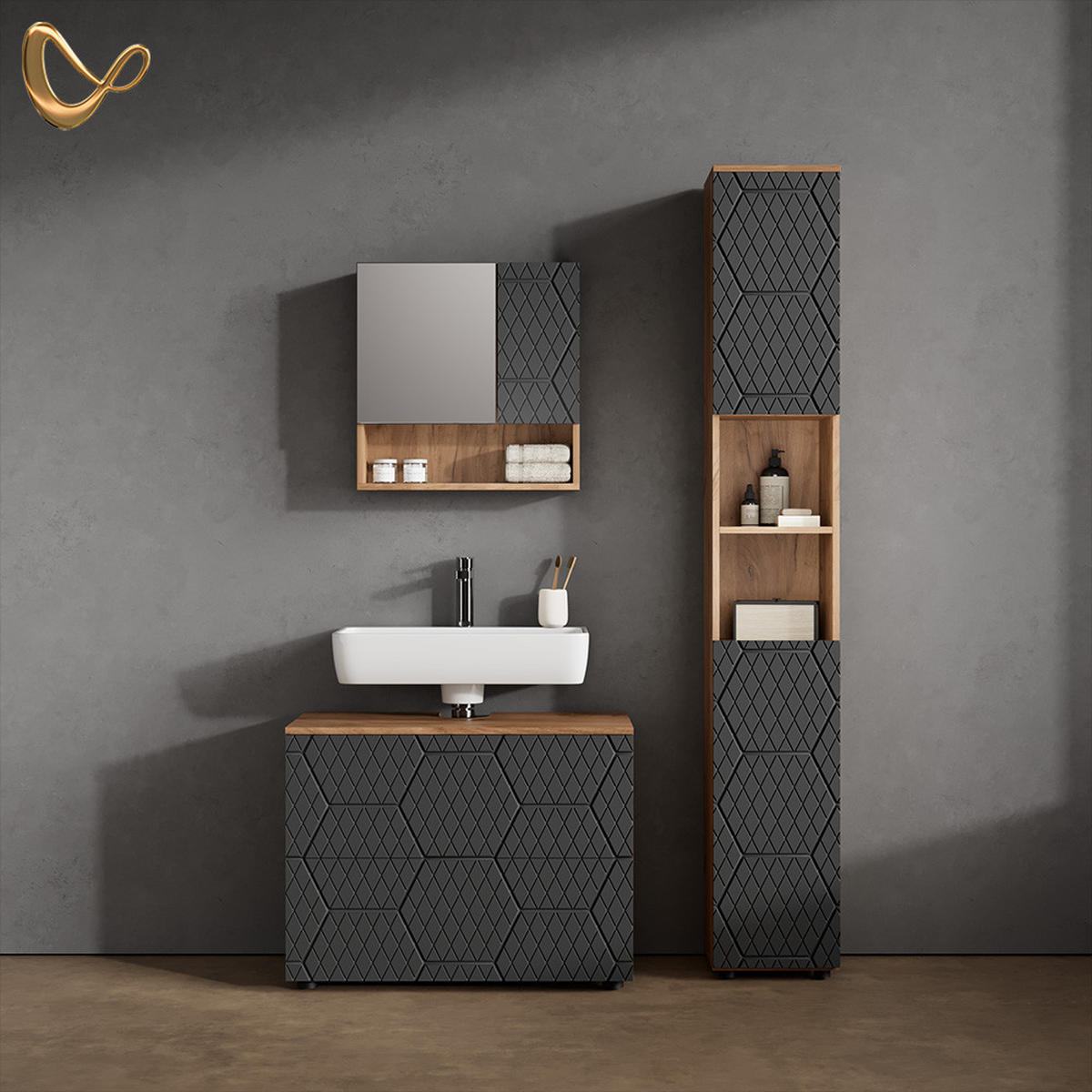 BADMÖBEL-SET Ronco Anthrazit gestreift 2 Teile - Anthrazit/Eiche Wotan, Holzwerkstoff (80/58/41cm) - Livinity®