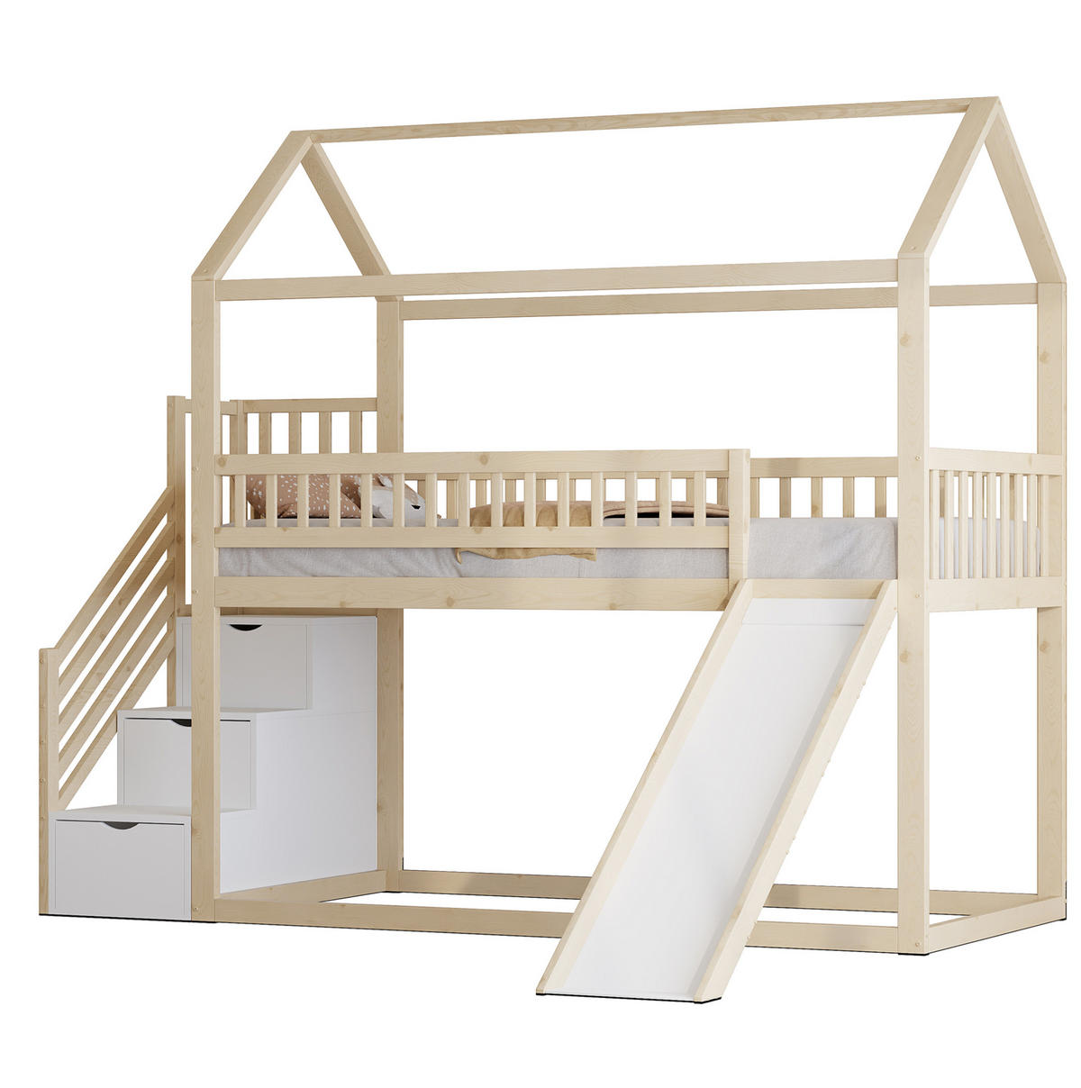 HOCHBETT 90/200 cm mit Rutsche, Stauraumleiter und Lattenrost aus Holz, Holzfarbe - Weiß, Holz (90/200cm) - Redom