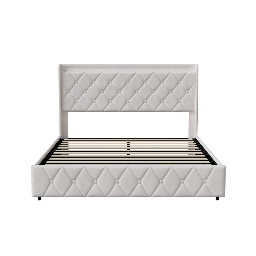 POLSTERBETT 140x200 cm mit hydraulischem Stauraum - Kopfteil Regal & LED - USB - ohne Matratze - Beige - Beige, Textil (140/200cm) - DELFA