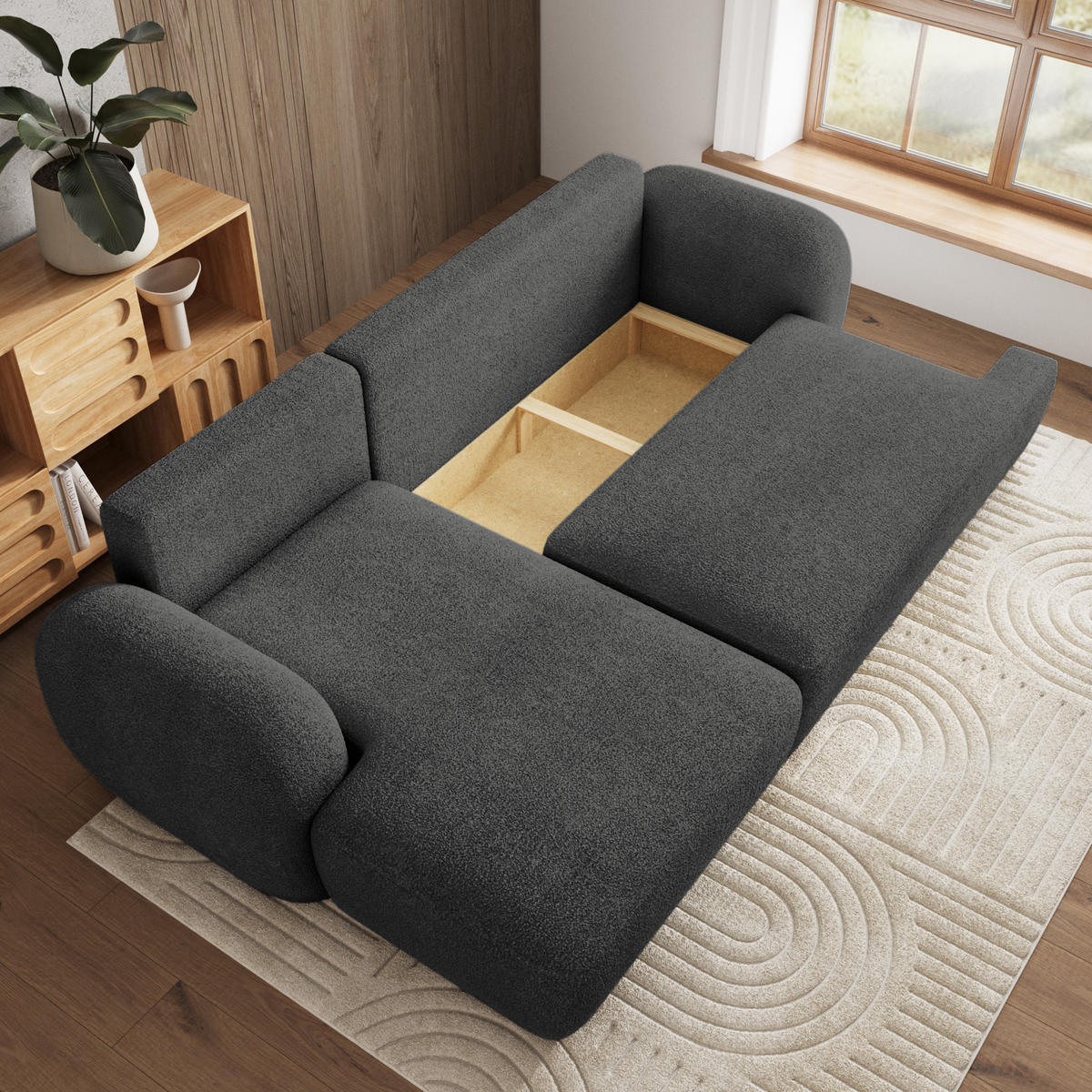 ECKSOFA MODENZA N L-S Grau Boucle-Stoff mit Schlaffunktion - Grau, Holz (266/148cm) - MASSENO