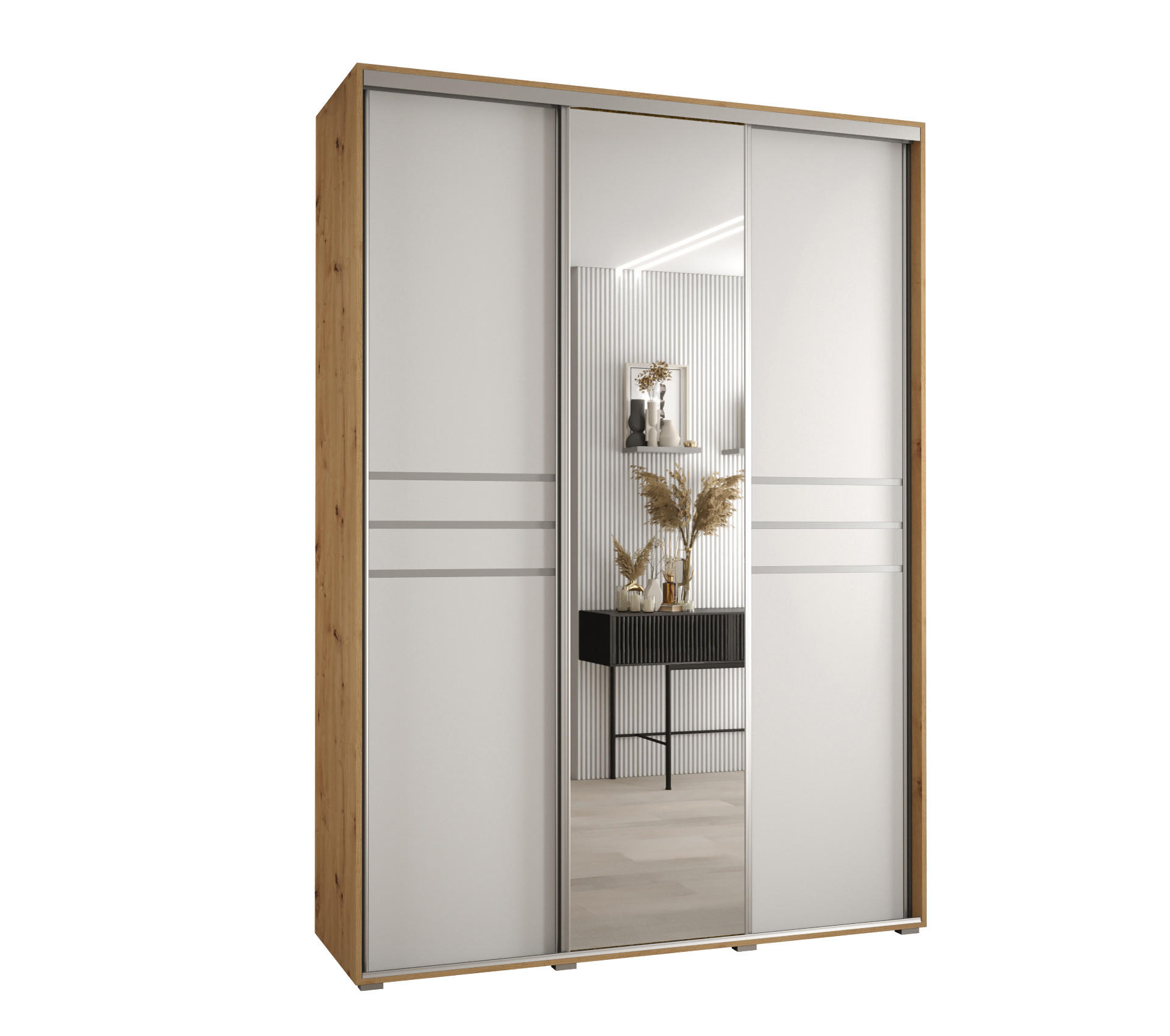 Abiks Möbel Schwebetürenschrank Eiche Artisan, Weiß, Silber 180x235x45 cm