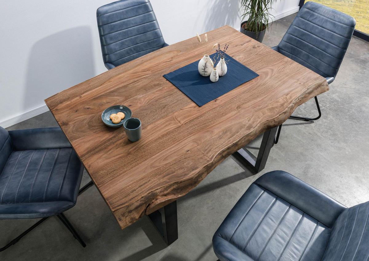 BAUMTISCH Sheesham 140x90x77 grau gebeizt / U-Beine anthrazit glänzend FREEFORM 5 - Anthrazit/Grau, Holz (140/90/77cm) - Massivmoebel24