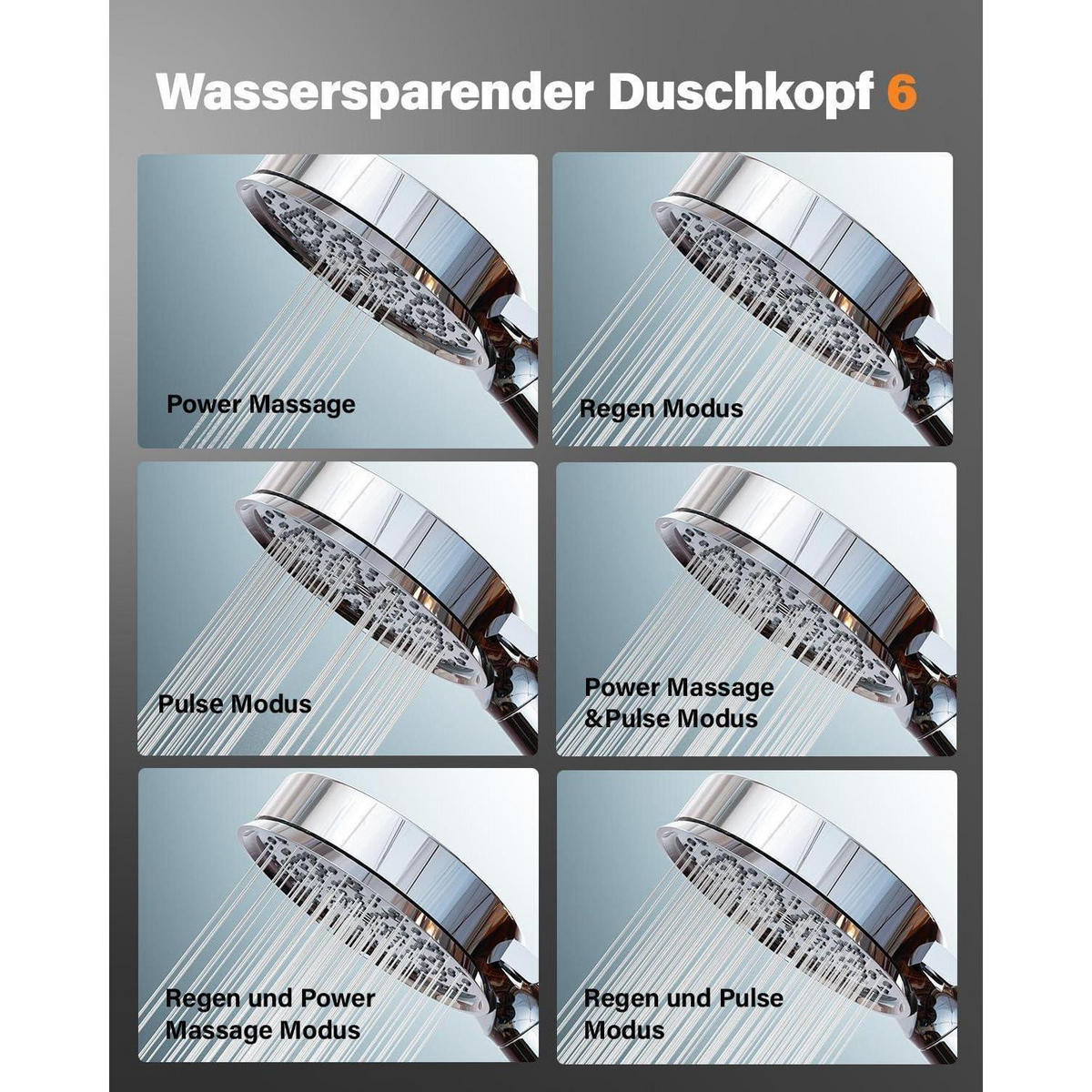 DUSCHKOPF mit Schlauch 6 Strahlarten Wassersparend mit Filter - Silberfarben, Metall (5.5/12.7/27cm)