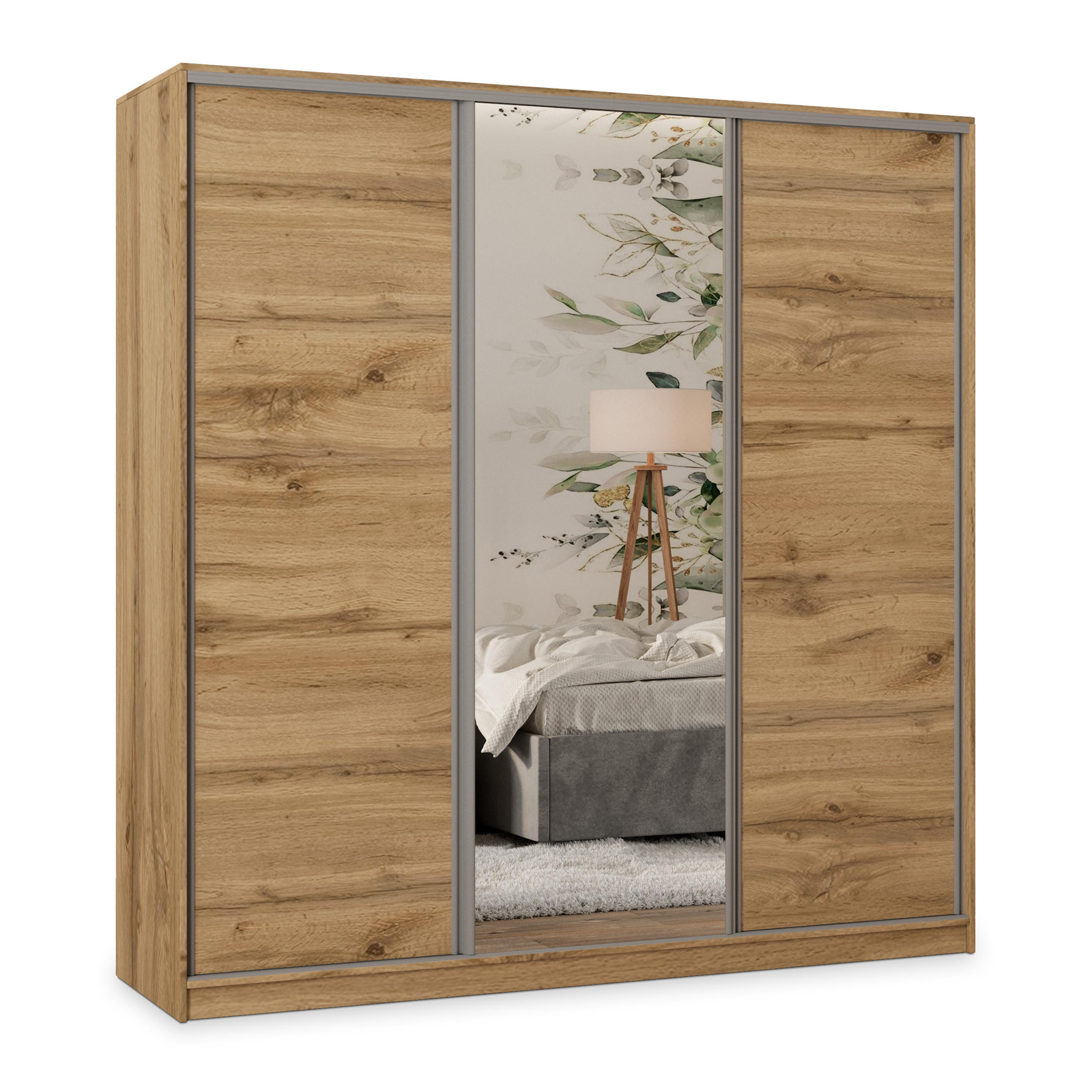 SCHWEBETÜRENSCHRANK TARI 200/205/58 cm 3-türig mit Spiegel und 4 Schubladen Eiche Wotan - Eiche Wotan, Holzwerkstoff (200/205/58cm) - MASSENO
