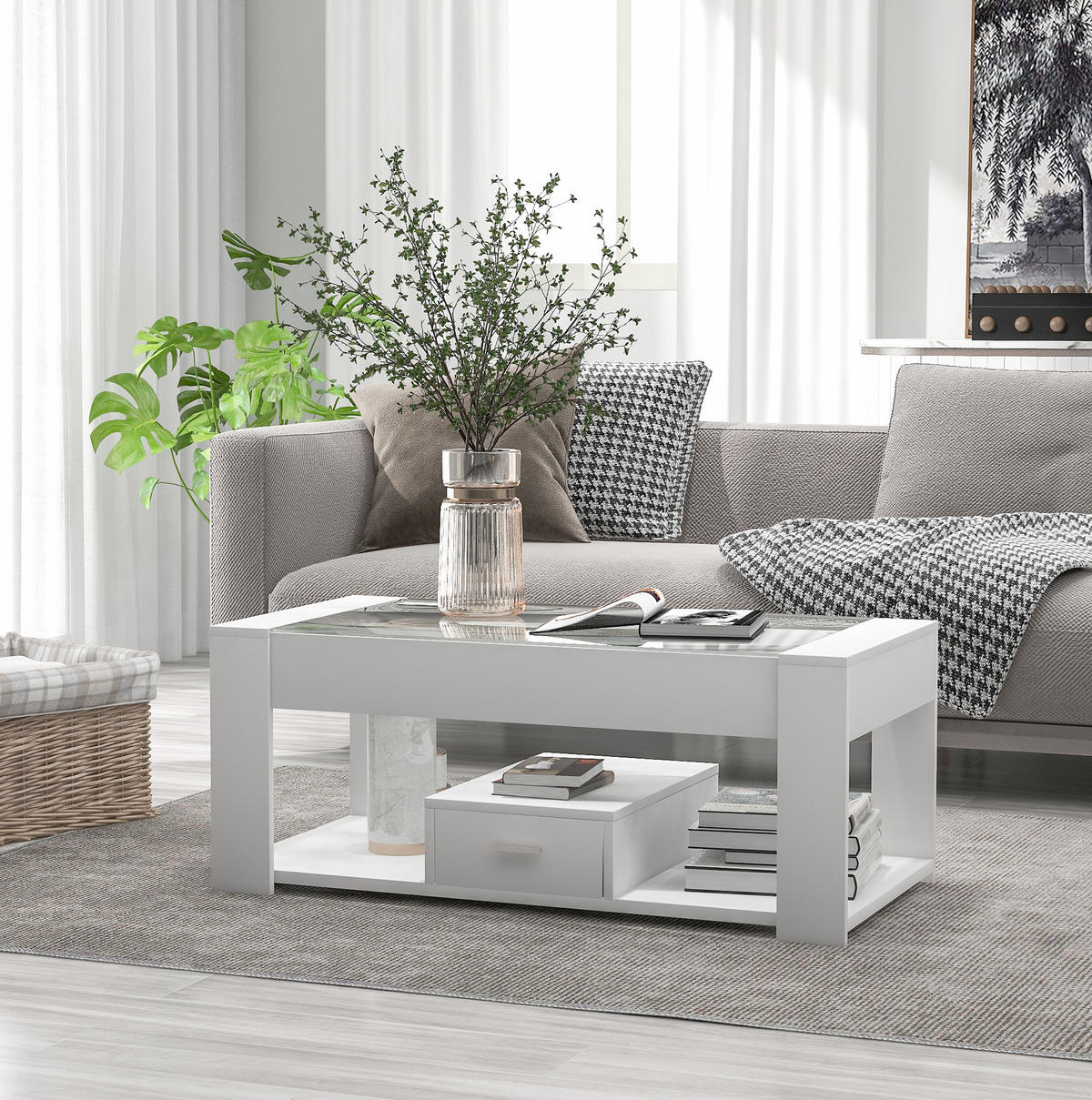 COUCHTISCH aus Spanplatte 100x50x40 cm Weiß mit Glasplatte, 2 Schubladen und offenem Stauraum - Weiß, Holzwerkstoff (100/50/40cm) - Modfu