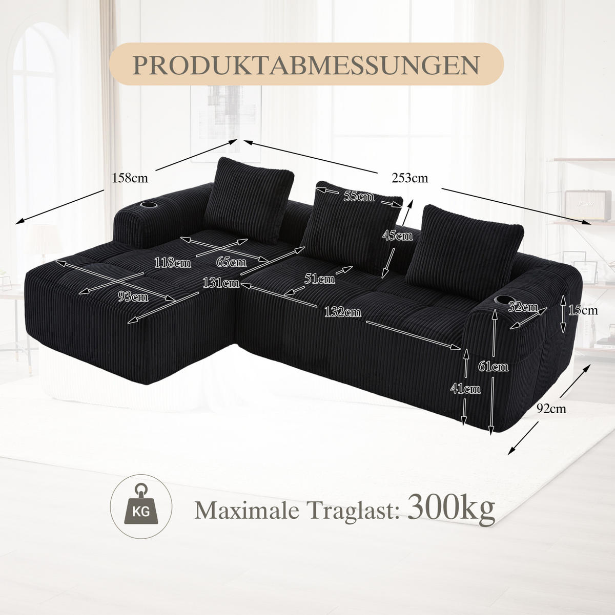 KOMPAKTSOFA Cord mit modularer DIY-Kombination Seitentaschen und Becherhalter 253/158/61 cm Schwarz - Schwarz, Textil (158/253cm) - Redom