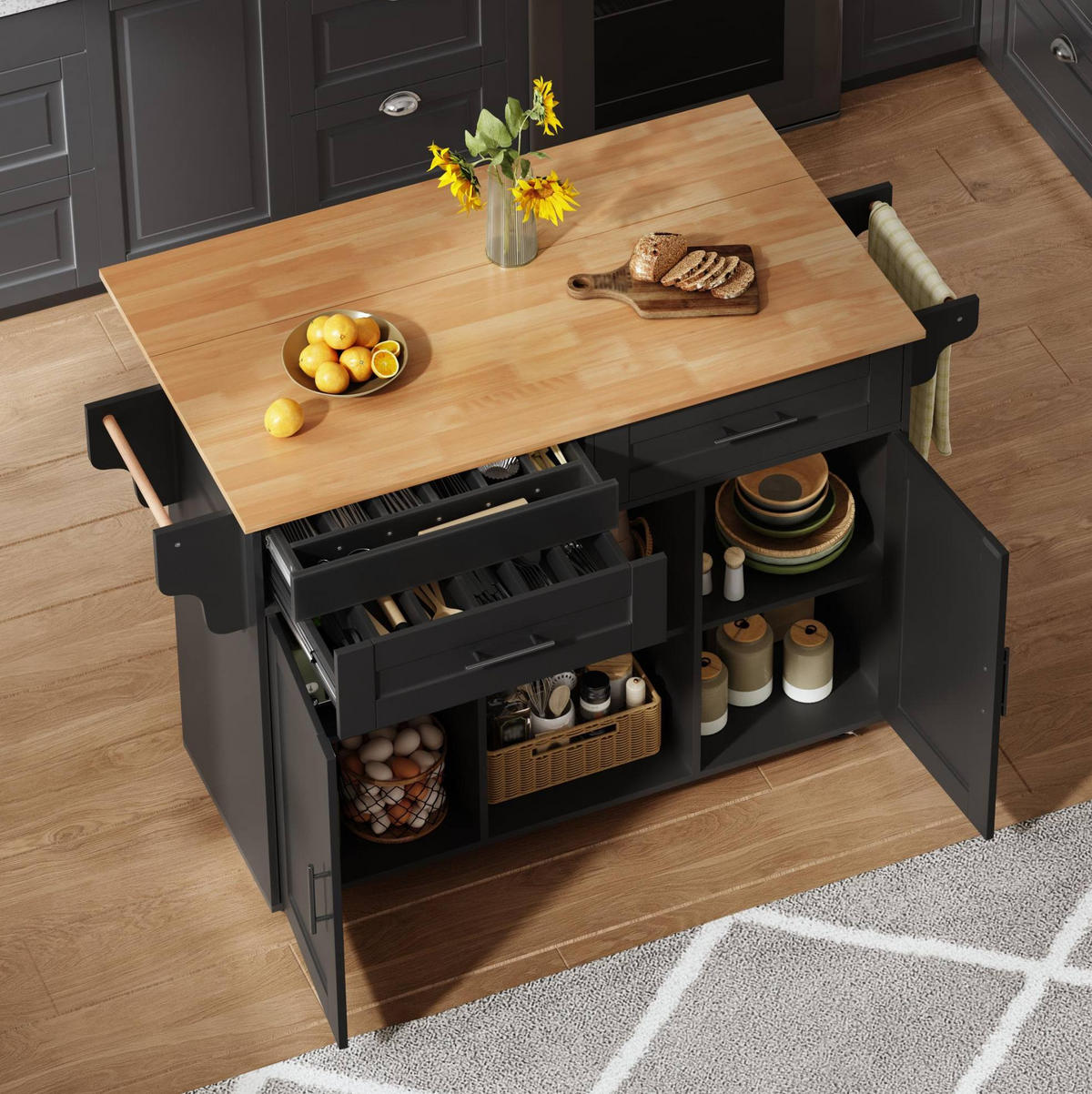 KÜCHENINSEL 145/70/94,5 cm aus MDF mit klappbarer Arbeitsplatte Schwarz - Schwarz, Holzwerkstoff (145/94.5/70cm) - Modenvie