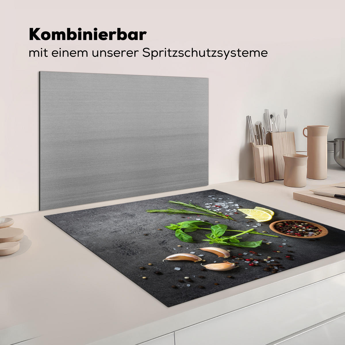 HERDABDECKPLATTE Limette - Kräuter - Gewürze - Grün - Grau - Beton Induktionsmatte 78x78 cm - Grün, Kunststoff (78/78/0.2cm) - MuchoWow