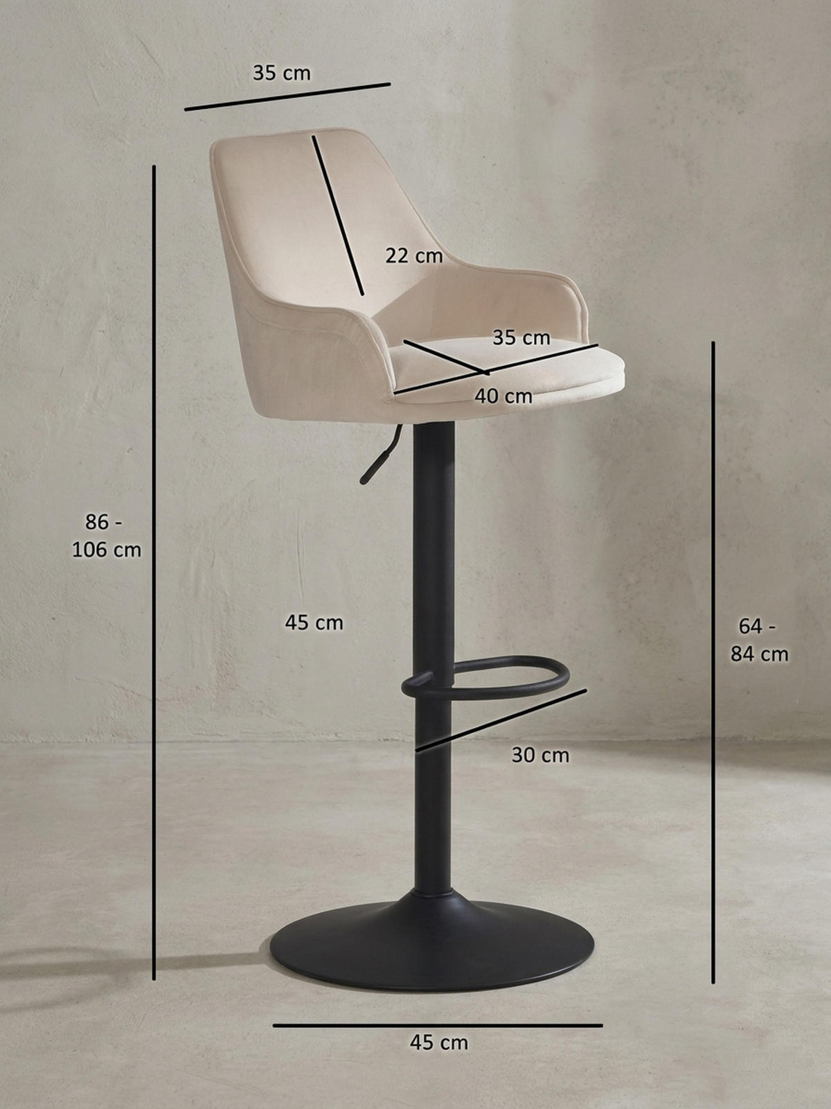 BARHOCKER Samt Lehne Höhenverstellbar Trompetenfuß Armlehne Gepolstert, Beige 45x45x106 cm - Beige/Schwarz, Textil/Metall (45/106/45cm) - KADIMA DESIGN