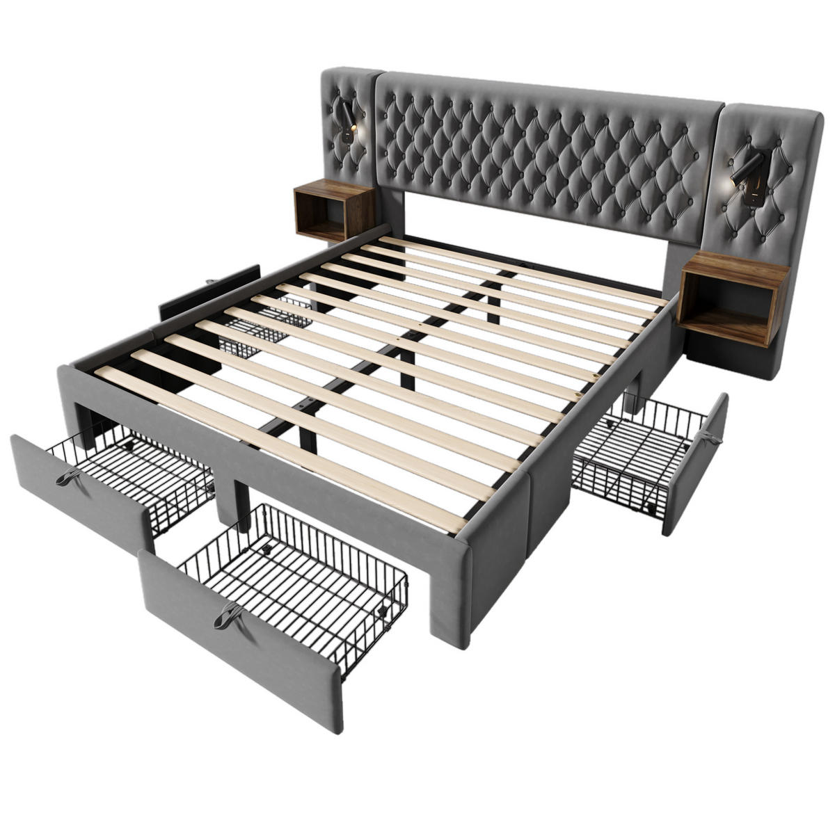 POLSTERBETT 180/200 cm mit 4 Schubladen, 2 Nachttischen, LED-Leselicht & USB/Type-C, Grau Samt - Grau, Textil (180/200cm) - Redom