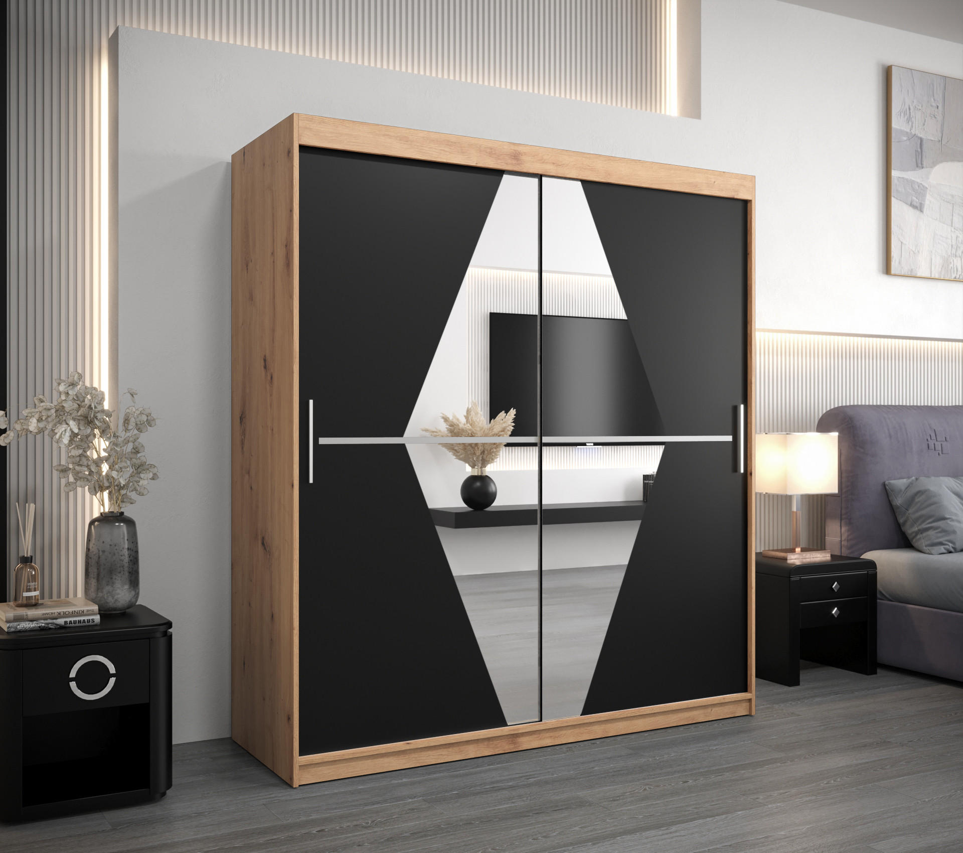 SCHWEBETÜRENSCHRANK 200/180/62 2-türig - Silberfarben/Schwarz, Holz/Kunststoff (180/200/62cm) - Abiks Möbel