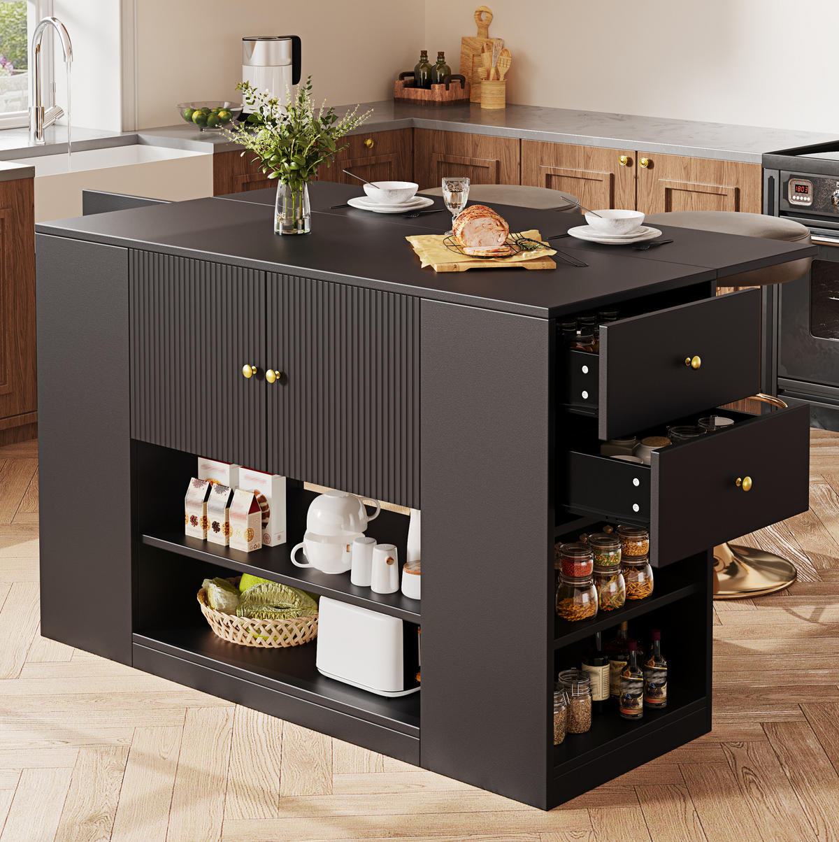 KÜCHENINSEL mit Klapptisch 140 x 40 x 90 cm Schwarz MDF - Schwarz, Holz (40/90/140cm) - Beauniv