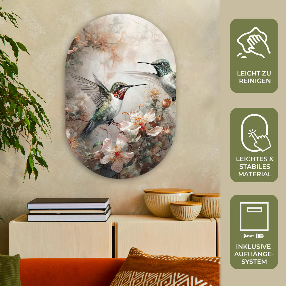 WANDBILD Kolibri - Vögel - Blumen - Pflanzen 60x90 cm - Hellgrün, Kunststoff (60/90cm) - MuchoWow
