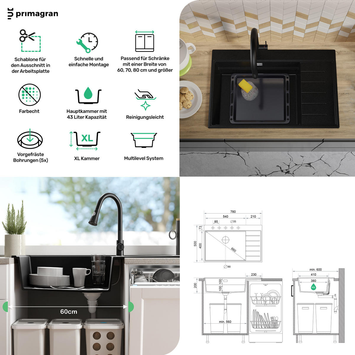 GRANITSPÜLE Sydney, 2-er set Schwarz 78/50 cm 1 Becken + Küchenarmatur 40/20 cm + Ablauf-Set + Küchenzubehörset ab 60er Unterschrank - Chromfarben/Beige, Kunststoff (78/20/50cm) - Primagran