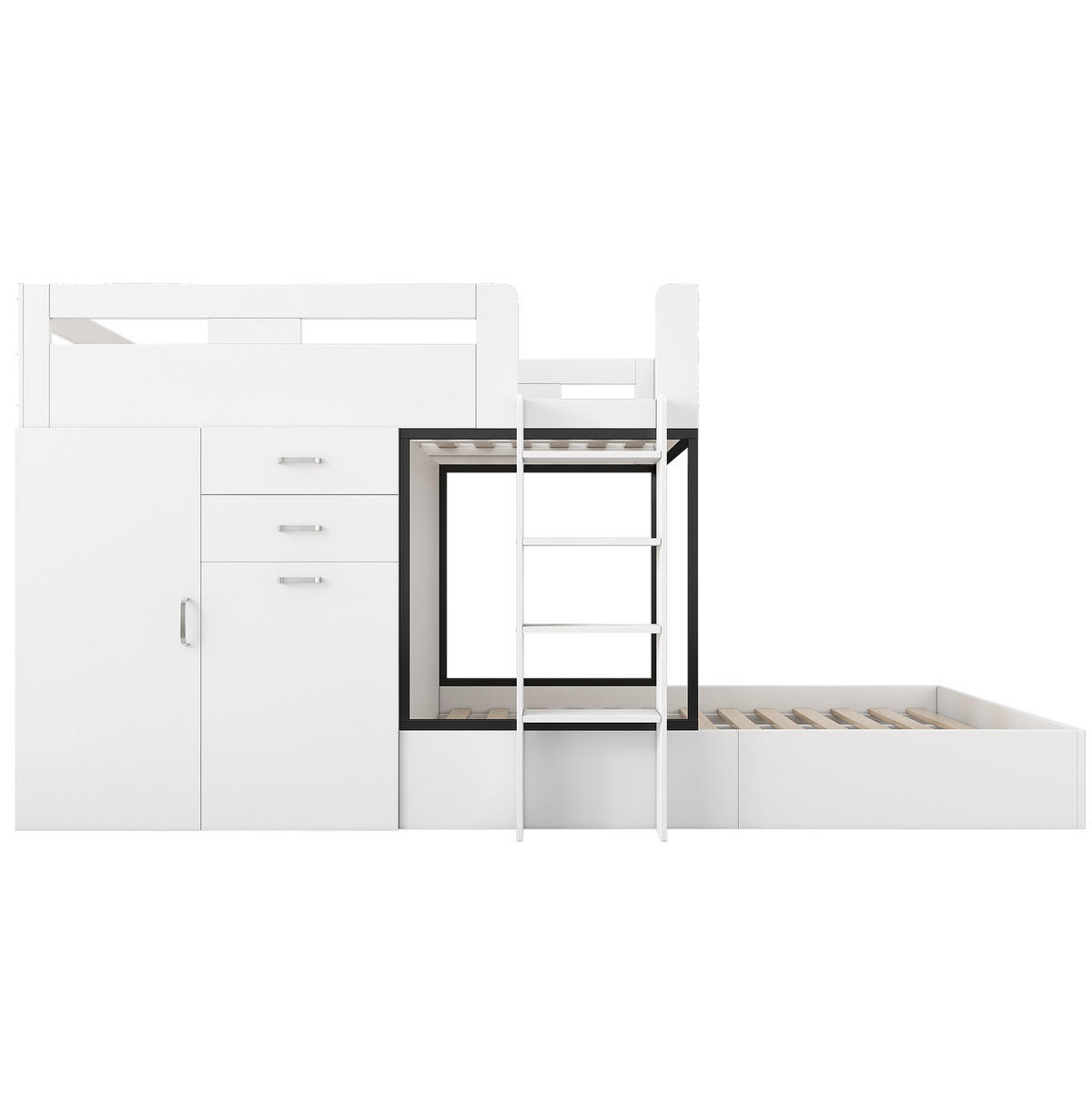ETAGENBETT 90/200 cm in Weiß/Schwarz mit Schreibtisch und Garderobe - Weiß, Holzwerkstoff (90/200cm) - BEAOK
