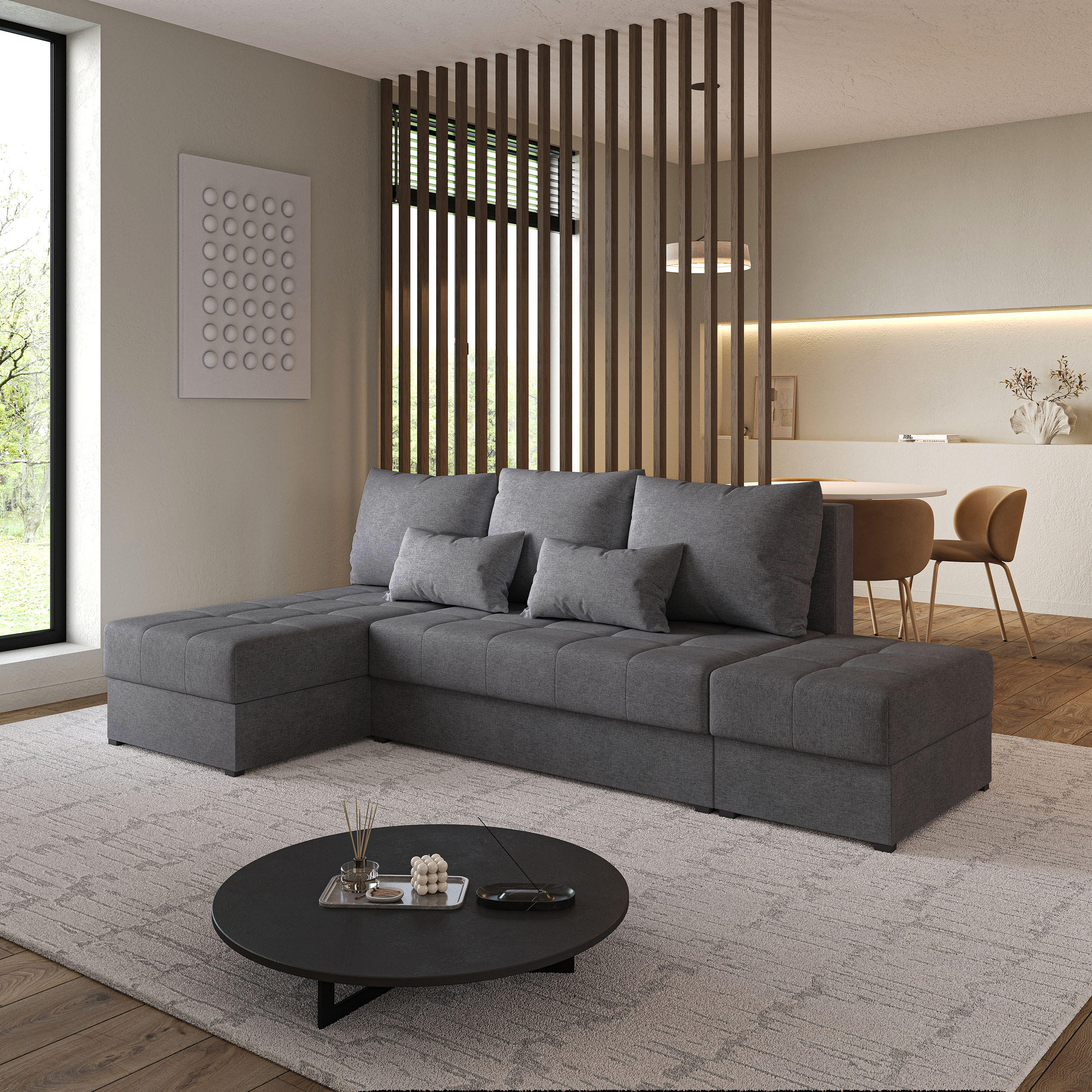 ECKSOFA NORVI Grau Geflochtener Stoff mit Schlaffunktion - Grau, Holz (251/143cm) - MASSENO