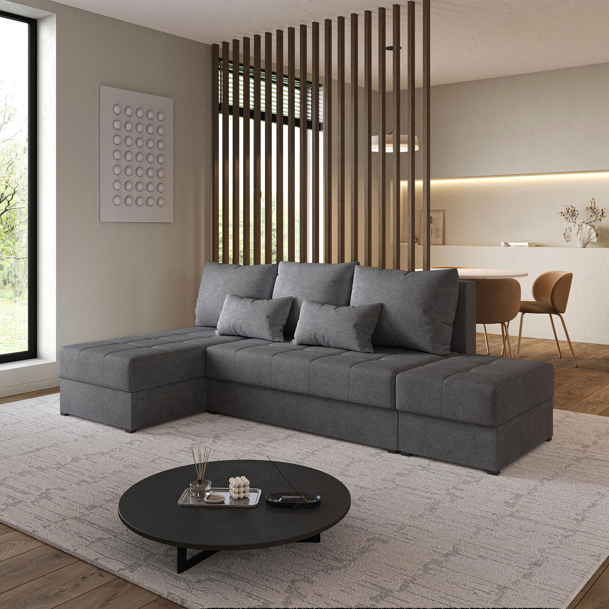 ECKSOFA NORVI Grau Geflochtener Stoff mit Schlaffunktion - Grau, Holz (251/143cm) - MASSENO