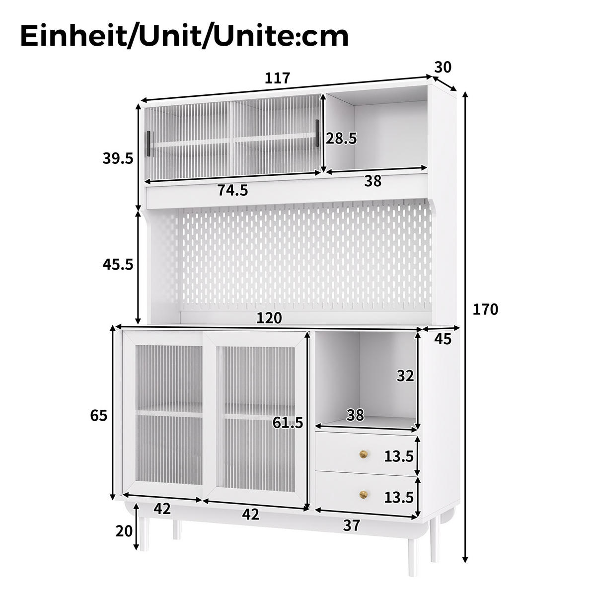 KÜCHENBUFFET mit Riffelglas, Schubladen und Fächern - Weiß, Holzwerkstoff (117/170/30cm) - FLIEKS