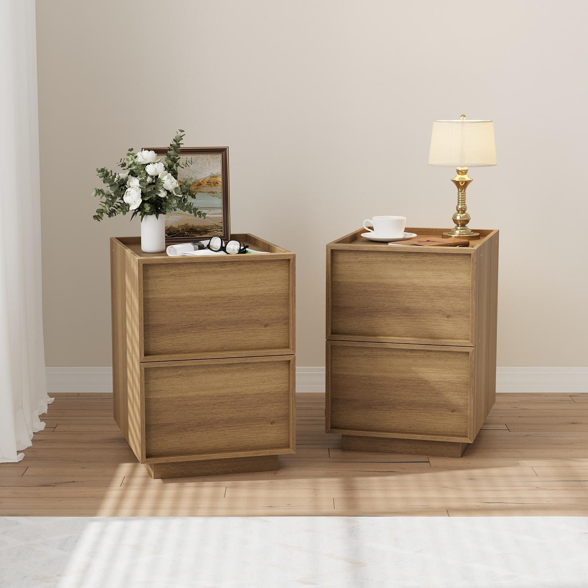 NACHTTISCH 38/48/50 cm Eiche aus MDF und Spanplatte mit grifflosen Schubladen 2er Set - Braun, Holzwerkstoff (38/54/45cm) - OKMYHOME