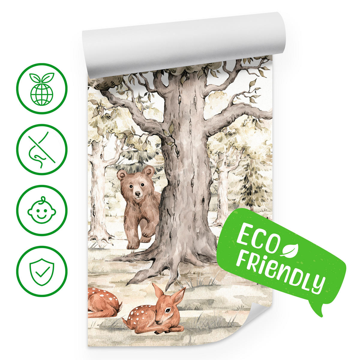 FOTOTAPETE für Kinderzimmer Waldtiere Aquarell Bär Fuchs Reh Bäume 300x210 - Beige/Orange, Papier (300/210cm) - Muralo