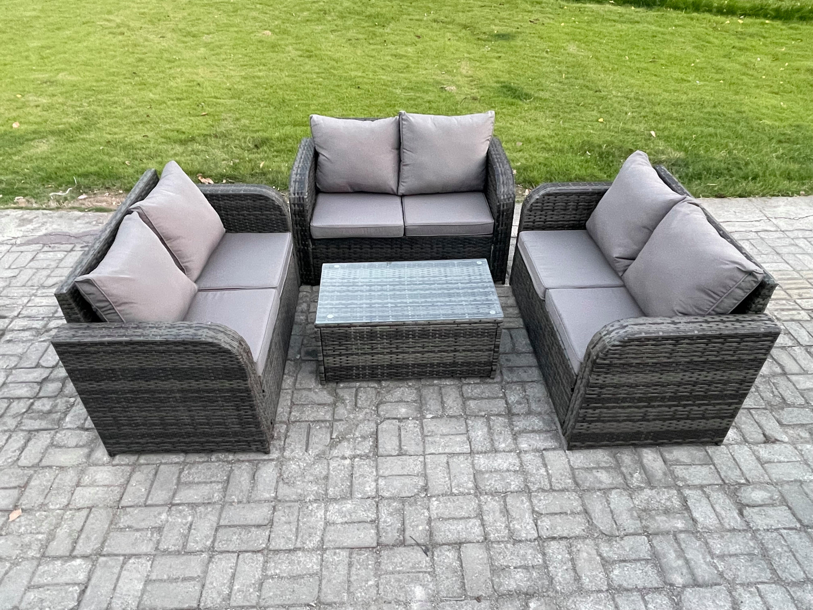 GARTENMÖBELGARNITUR mit KISSEN Polyrattan Dunkelgrau 6-Sitzer - Dunkelgrau/Grau, Glas/Kunststoff - Fimous
