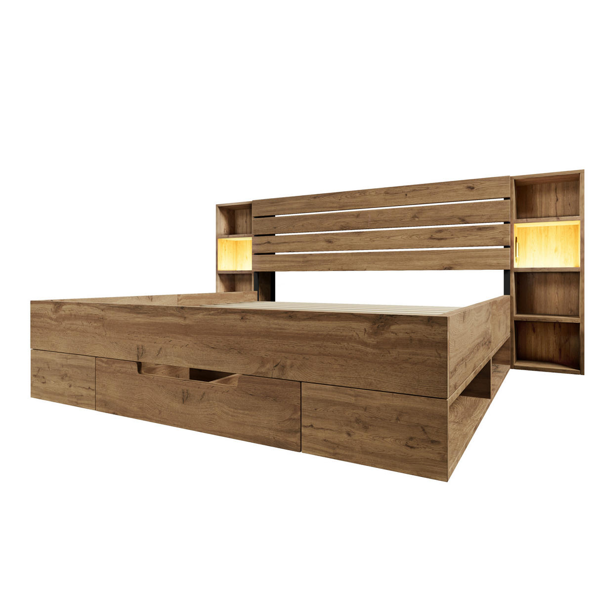 STAURAUMBETT 160/200 cm aus Holz und Metall mit LED-Beleuchtung, USB-C, Kopfteilablagen und 2 Schubladen,und Matratze, Eiche - Eichefarben, Metall (160/200cm) - Redom