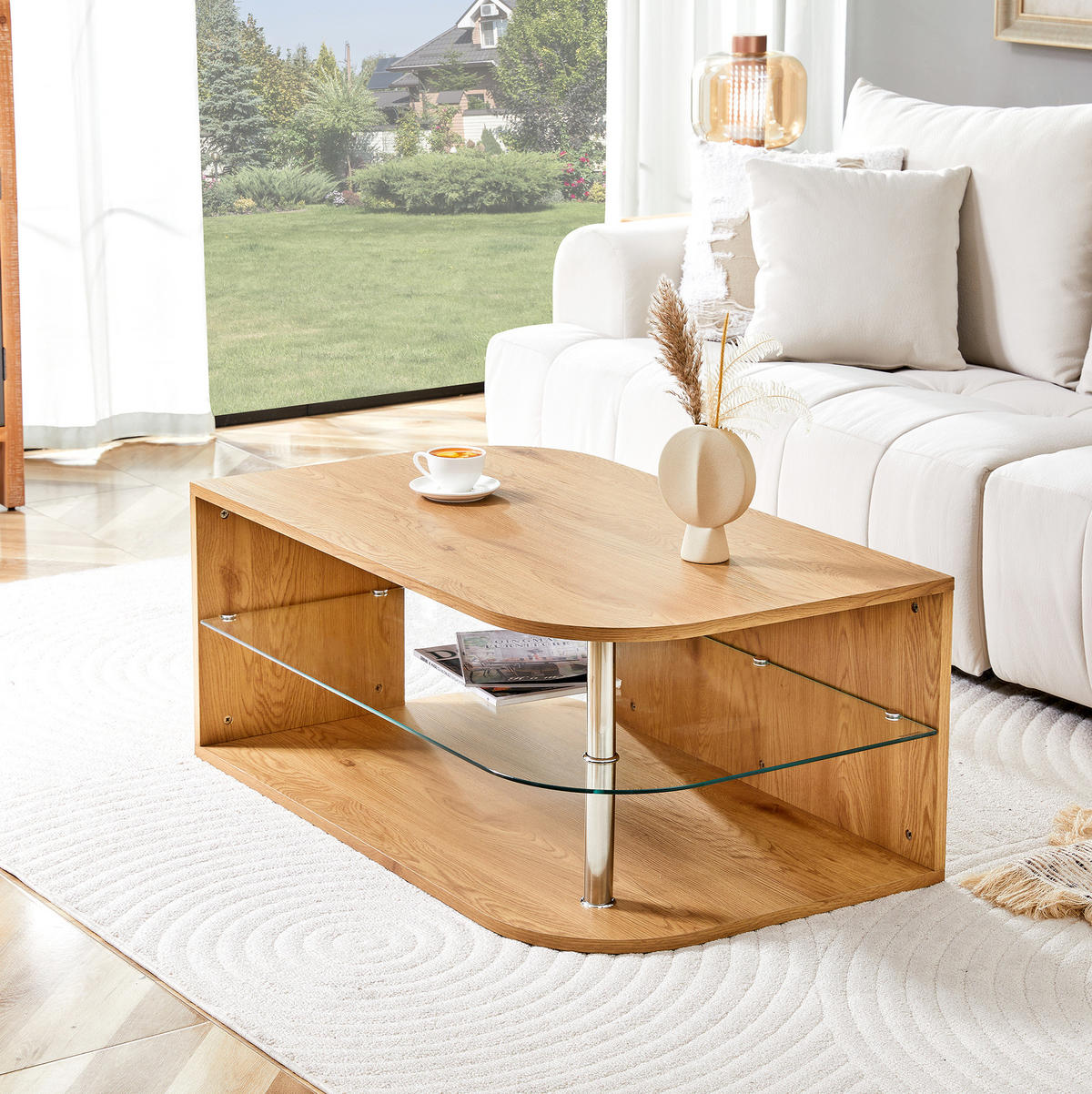 COUCHTISCH aus MDF und Glas 100x60x42 cm in Naturholz mit Stauraum - Naturfarben, Holzwerkstoff (100/60/42cm) - Modfu
