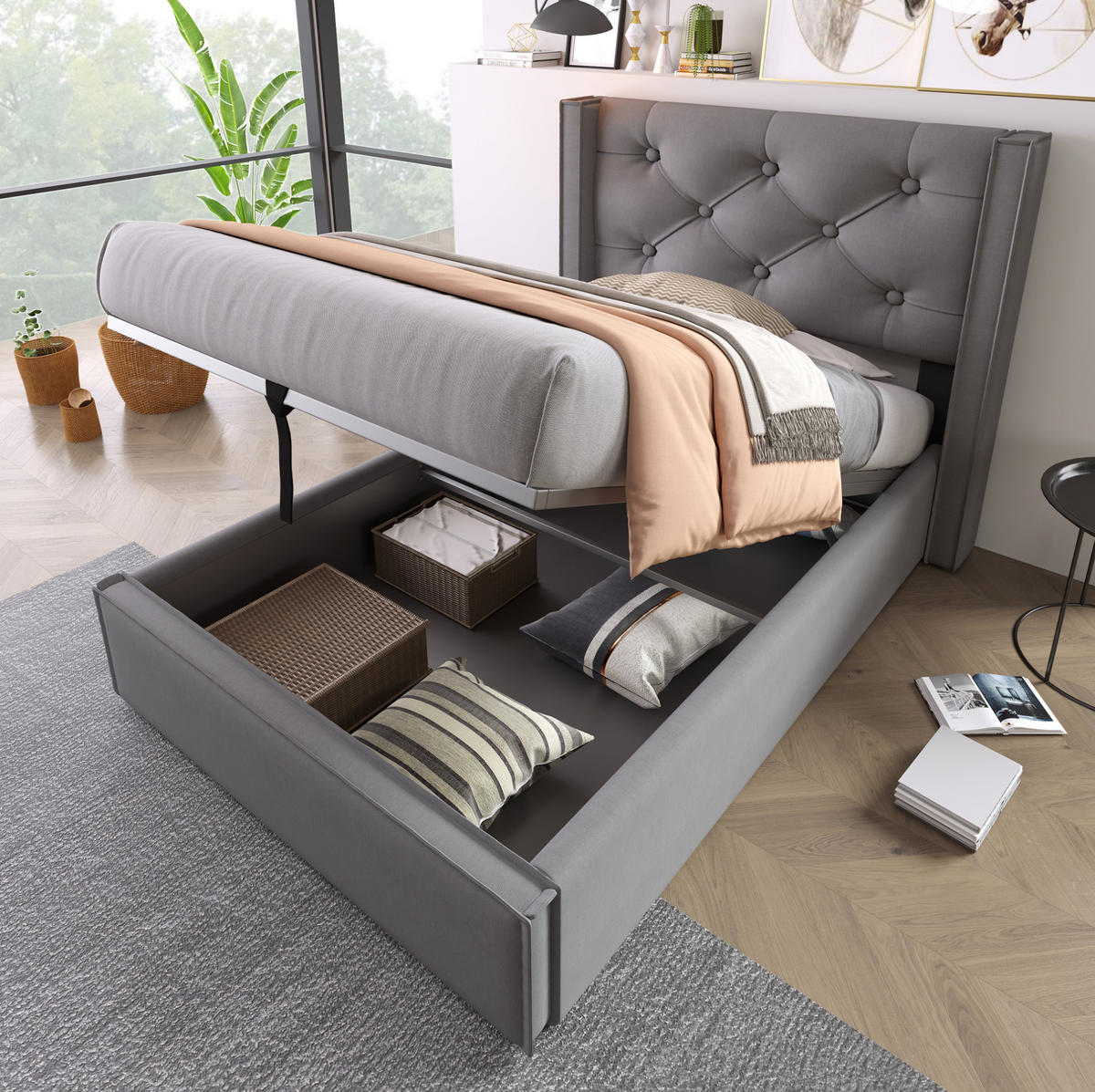 POLSTERBETT 90/200 cm Grau aus Baumwolle mit Stauraum - Grau, Textil (90/200cm) - OKMYHOME