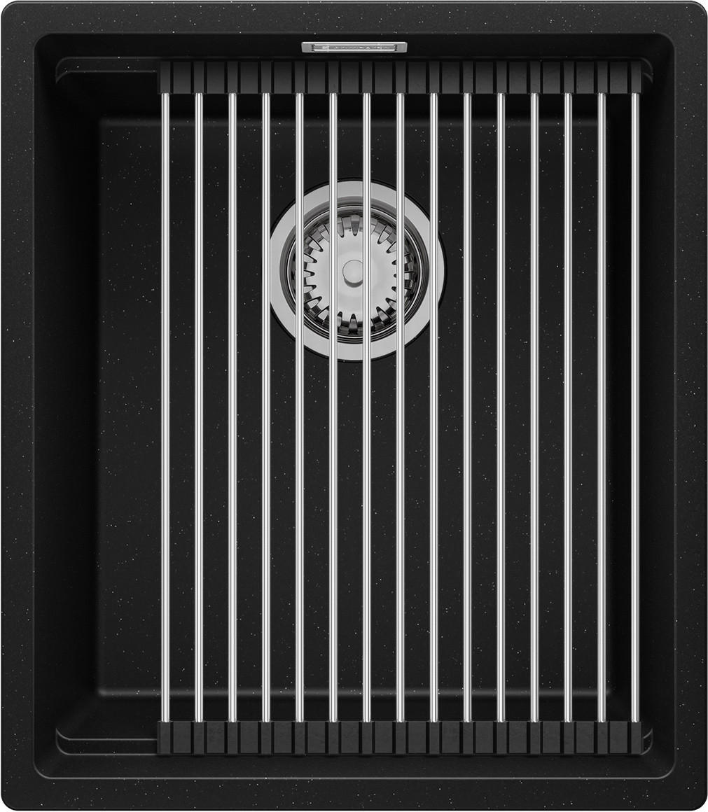 UNTERBAUSPÜLE GRANIT Praga, 2-er set Schwarz Metallic 41/47 cm 1 Becken + Ablauf-Set + Aufrollbare Abtropffläche ab 45er Unterschrank - Chromfarben/Schwarz Hochglanz, Kunststoff (41/20/47cm) - Primagran