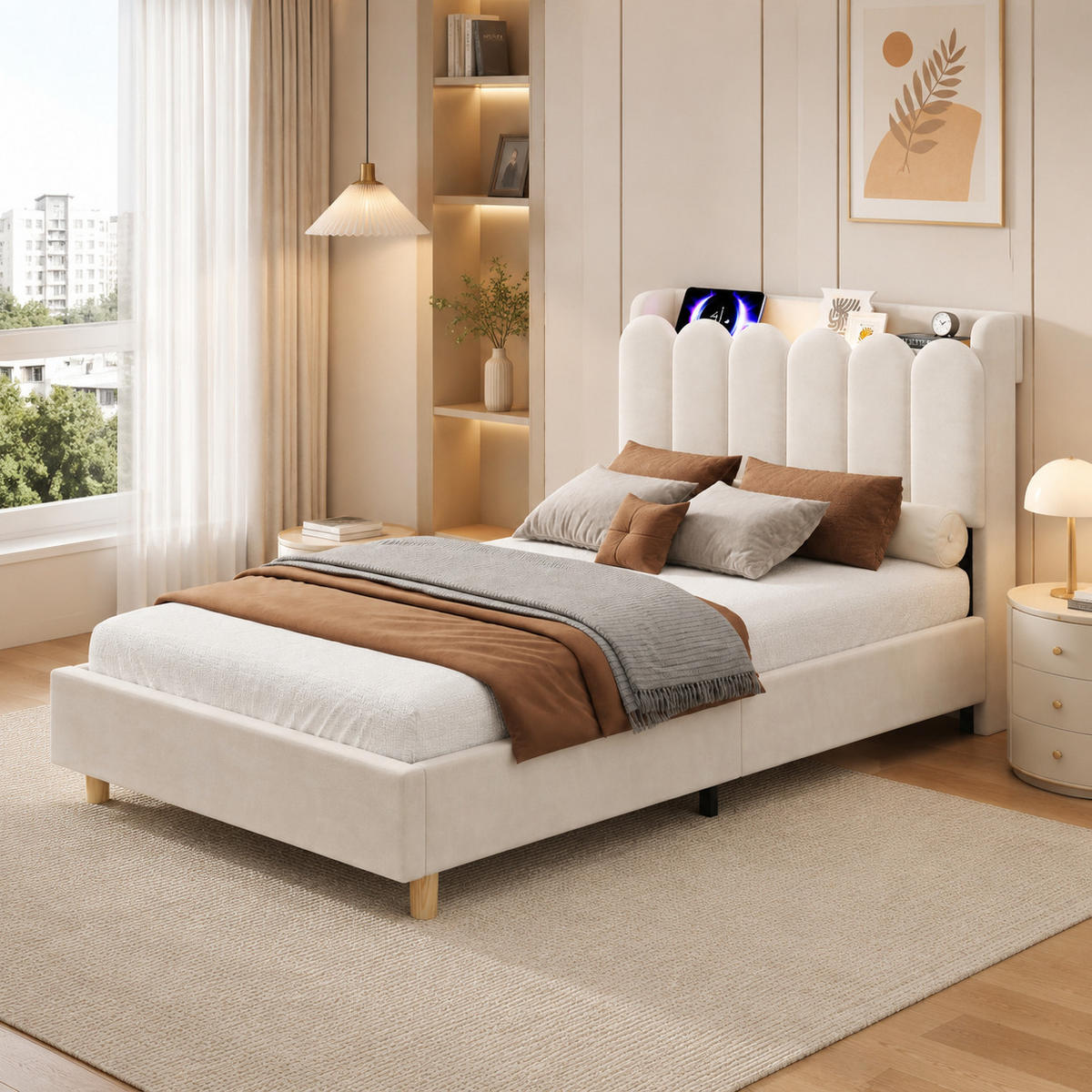 BETT 90/200 cm in Beige aus Samt mit Lattenrost und USB- und Type-C-Anschlüssen - Beige, Textil (90/200cm) - Flora Grace