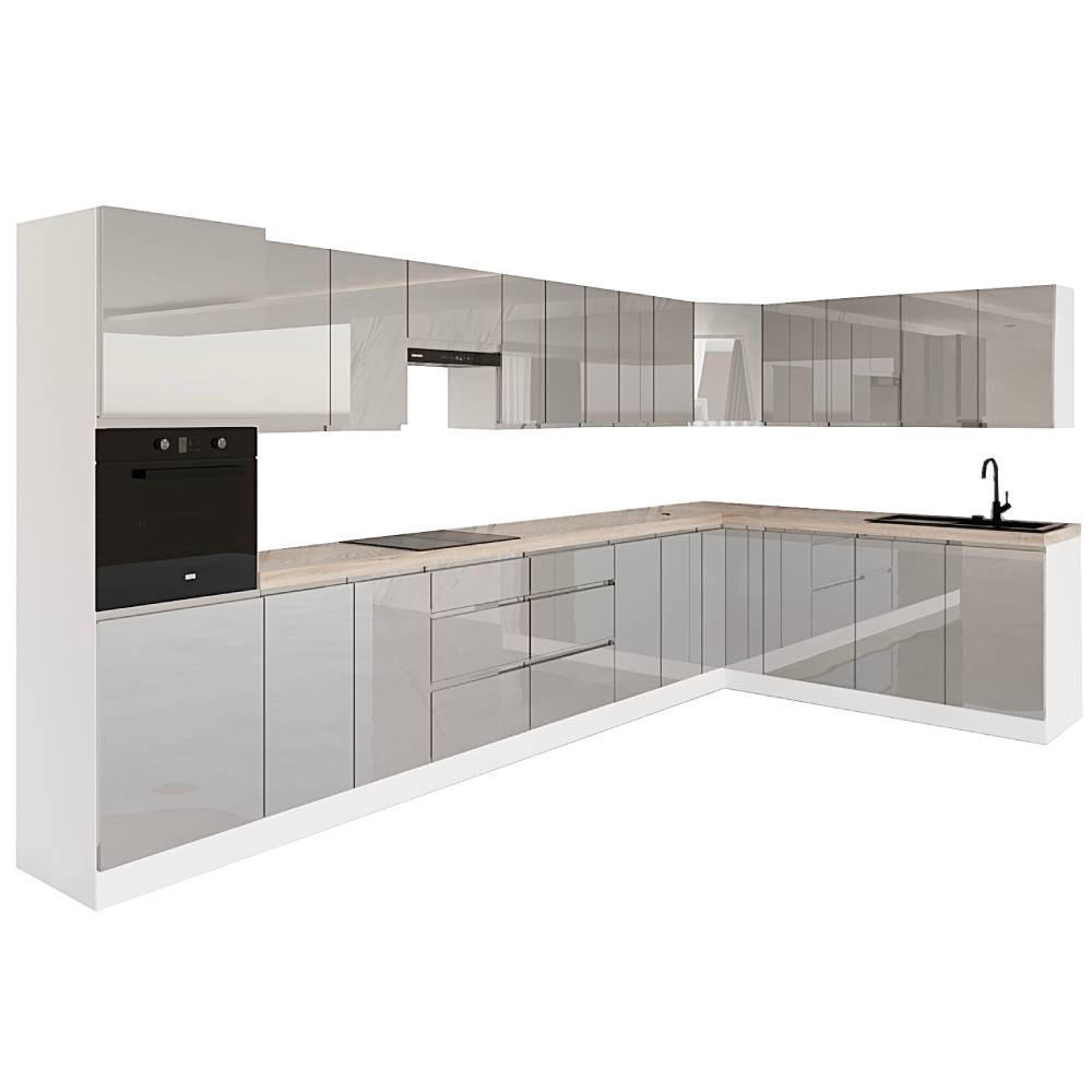 WINKELKÜCHE 420 cm x 200 cm - Aspen KA8-M420 - in Grau/Hochglanz - Grau, Holz/Holzwerkstoff (620/212/58cm)