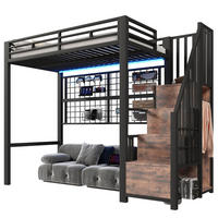 HOCHBETT aus Metall und MDF 90x200 cm Schwarz mit Stauraumleiter, Kleiderschrank und LED - Schwarz, Metall (90/200cm) - IVMEU