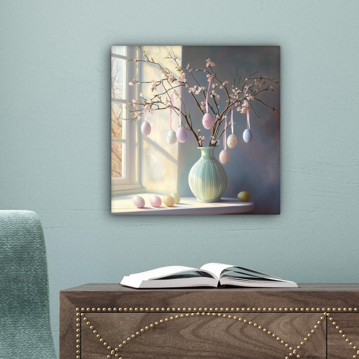 LEINWANDBILD Stillleben - Vase - Osterzweig Deko Wohnzimmer 20x20 cm - Hellblau, Textil (20/20cm) - MuchoWow