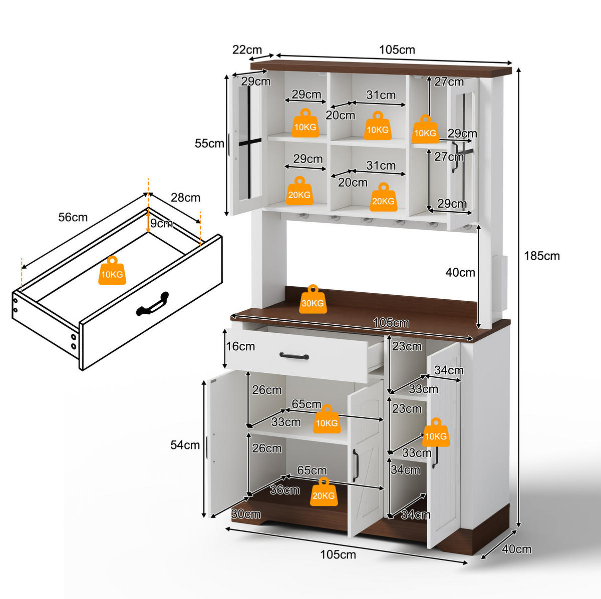 BUFFETSCHRANK 105/40/185 cm natur/weiß aus MDF mit LED - Naturfarben, Holzwerkstoff (105/185/40cm) - OKWISH