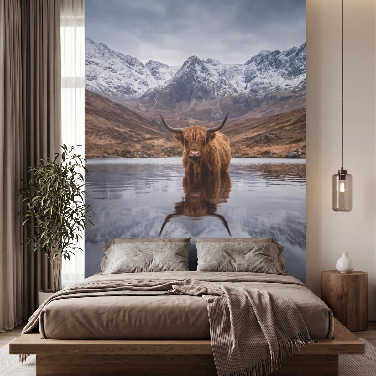 TAPETE - Schottischer Hochländer - Braun - Wasser - 200x300 cm - Braun, Papier (200/300cm) - OnlyWow