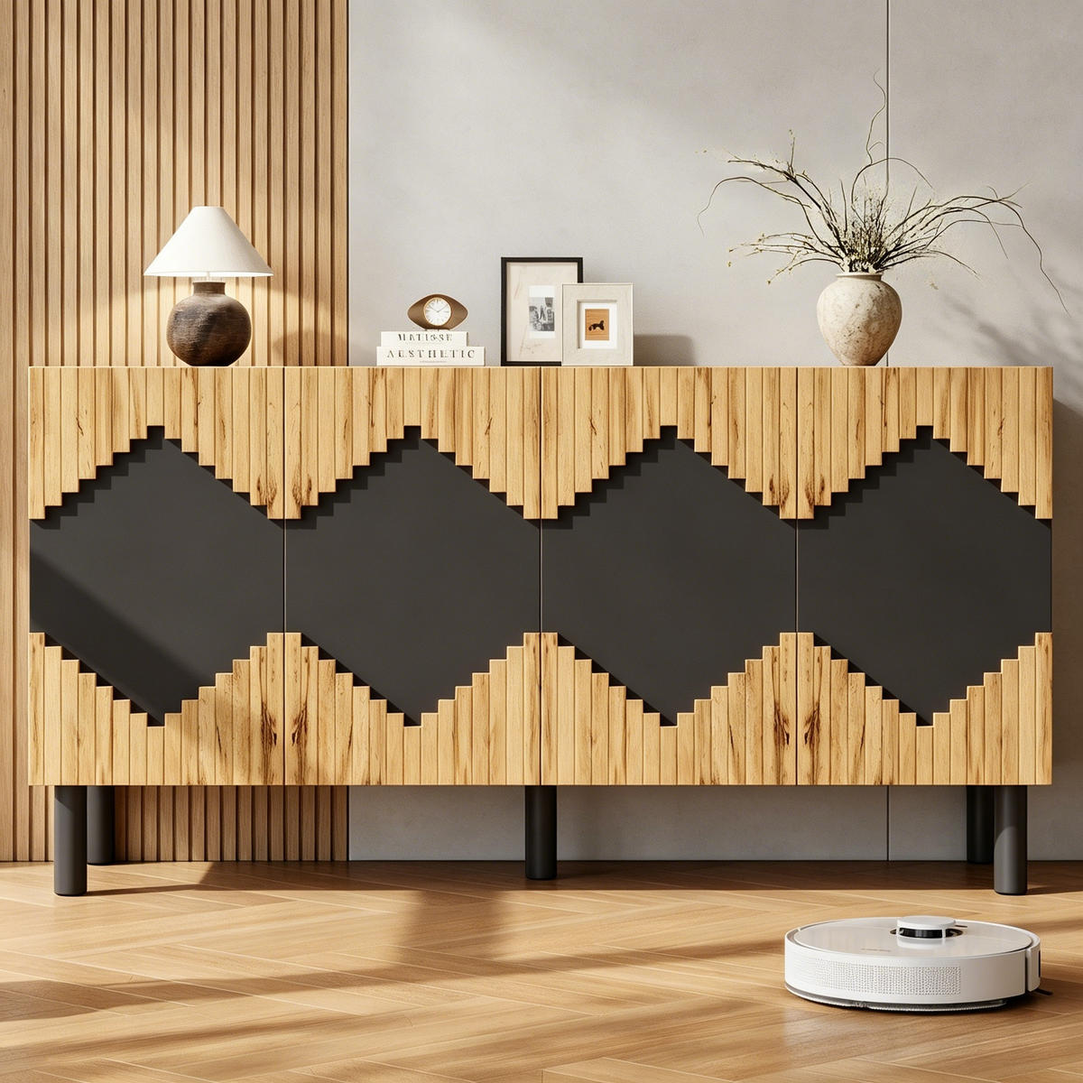 SIDEBOARD mit 2 Türen, Rautenmuster und Schließfächern Holzfarbe/Schwarz 140/40/70 cm - Schwarz/Naturfarben, Holzwerkstoff/Metall (140/70/40cm) - EVRYAE