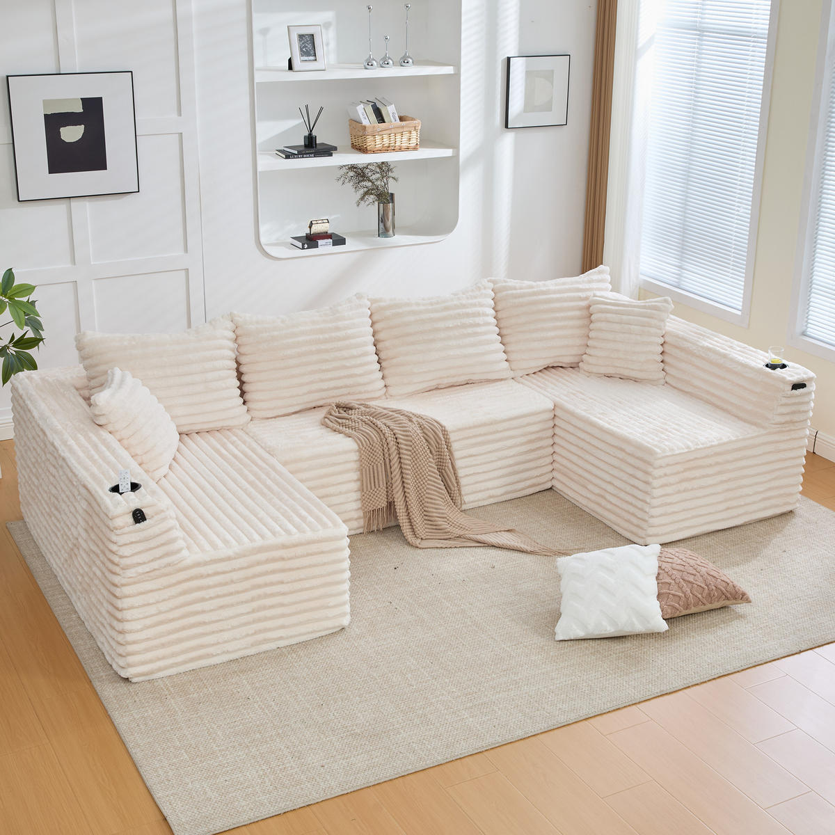 WOHNLANDSCHAFT Beige 320/155/88 cm 6-Sitzer mit Getränkehaltern und Seitentaschen - Beige, Textil (320/88/155cm) - PANGIVO