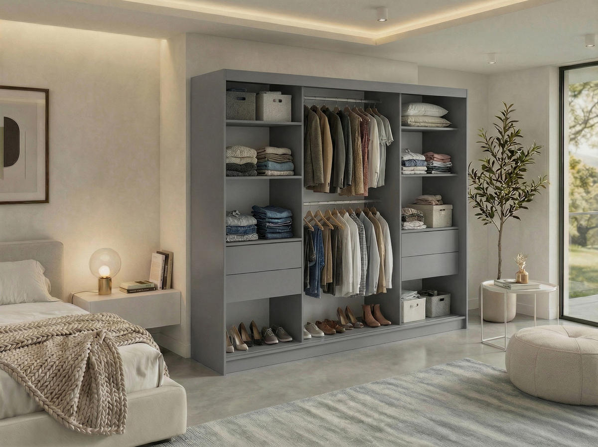 SCHWEBETÜRENSCHRANK mit Schubladen 240 - VERONA - Grau mit Spiegel - Alufarben/Grau, Holzwerkstoff/Metall (240/216/61cm) - MKS