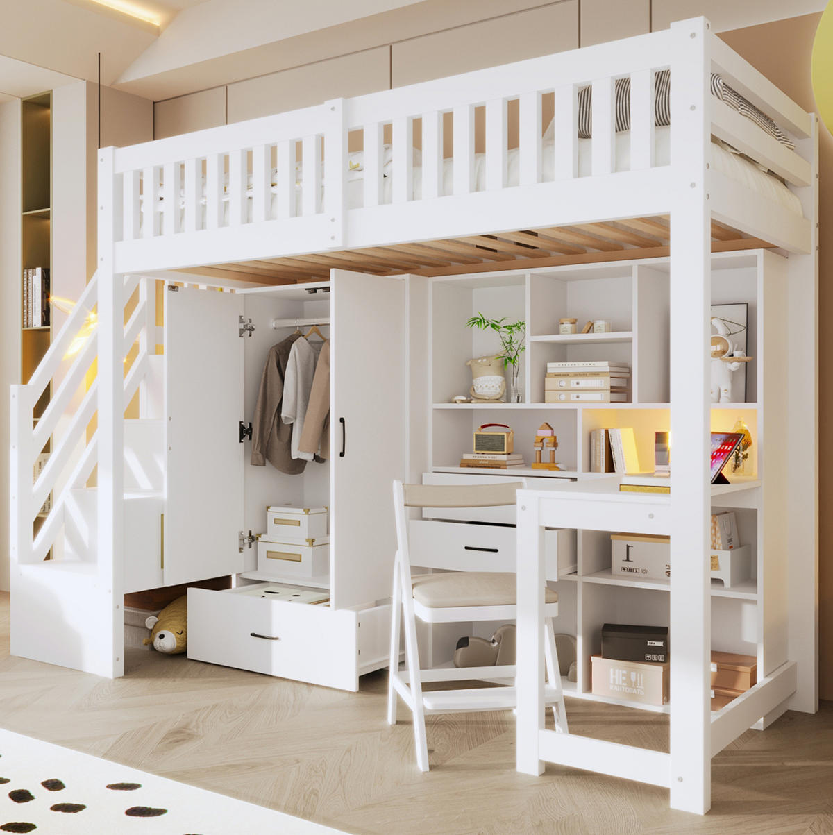 HOCHBETT 90x200 cm in Weiß mit Schreibtisch, Kleiderschrank und Stauraum - Weiß, Holzwerkstoff (90/200cm) - IVMEU