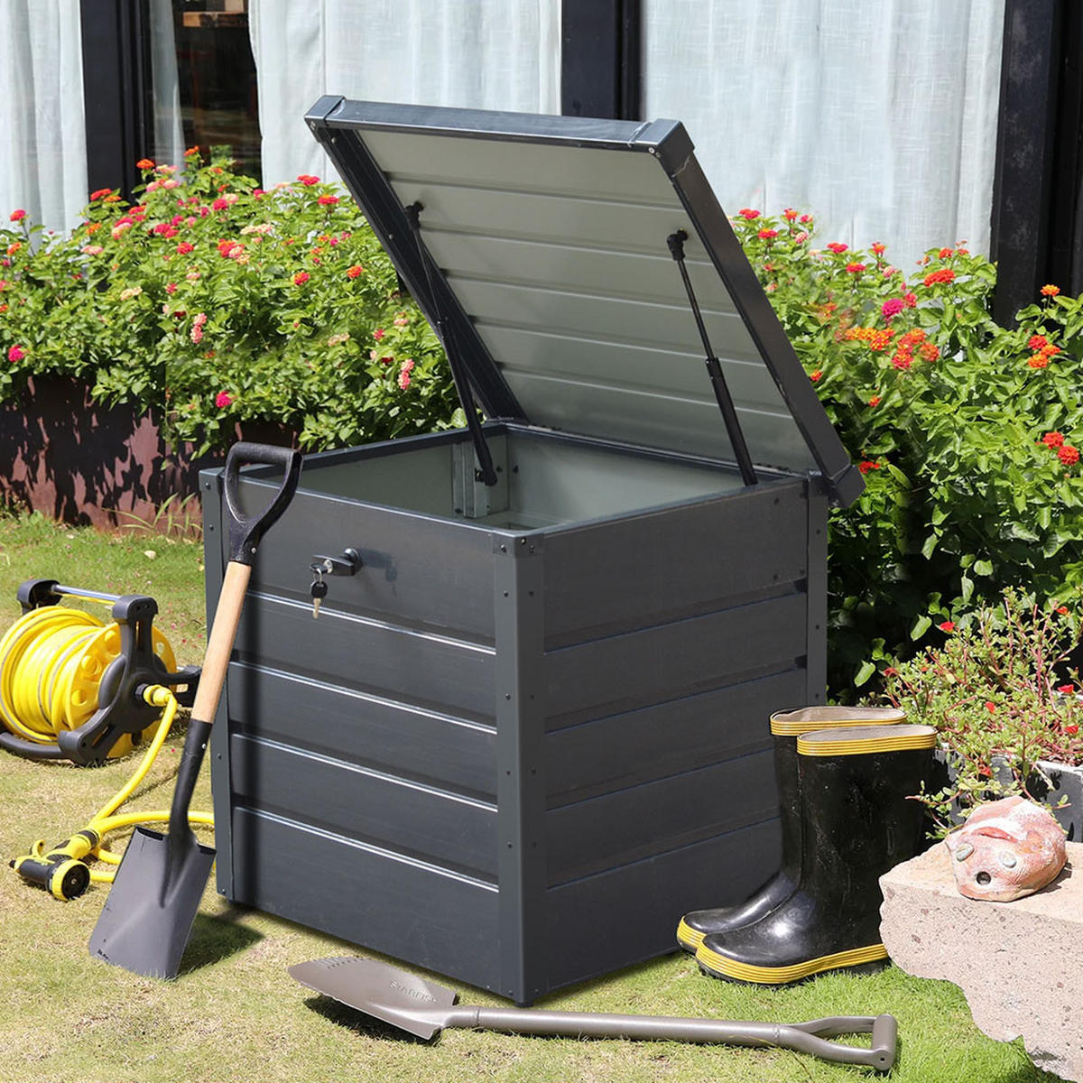 GARTENBOX Auflagenbox Kissenbox 200L aus Metall in Anthrazit in AußenGarten abschließbar 72 x 62 x 63 cm 15 kg - Anthrazit, Metall (72/63/62cm) - Livingandhome