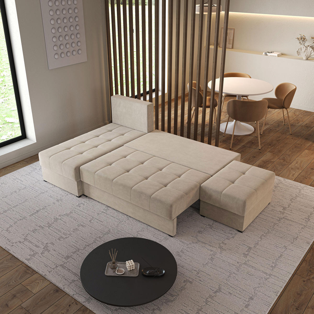 ECKSOFA NORVI Beige Plüsch-Stoff mit Schlaffunktion - Beige, Holz (251/143cm) - MASSENO