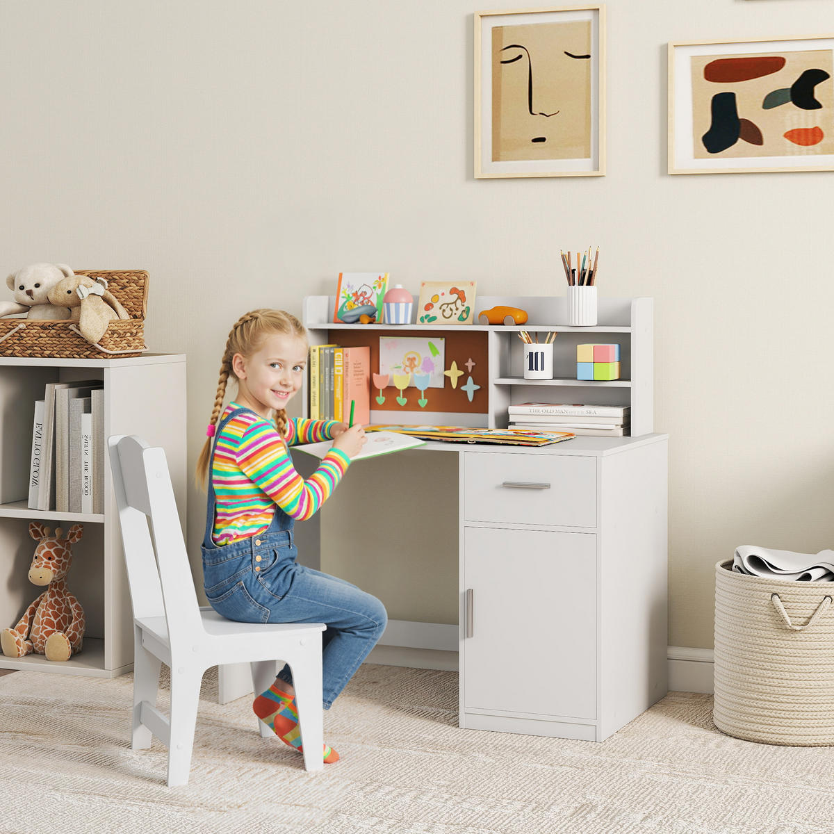 SCHREIBTISCH-SET DE-17563 mit Schrank, Schublade und Korktafel Weiß - Weiß, Holzwerkstoff (90.2/90.8/48.1cm) - ComfortXL