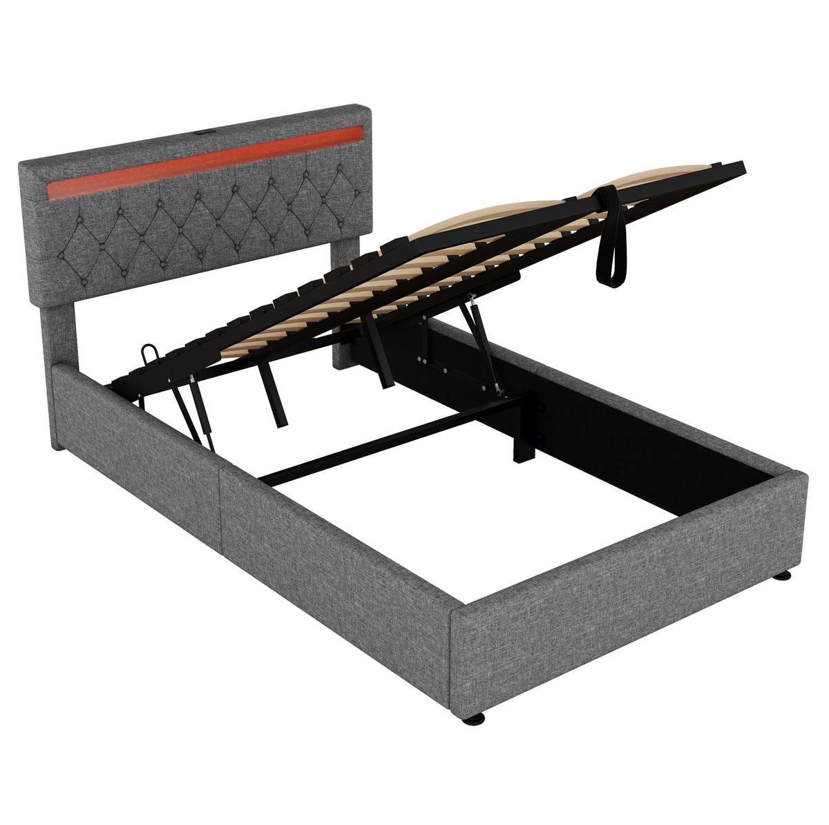 POLSTERBETT mit LED-Beleuchtung 140/200 cm in Grau mit Bettkasten & USB-C - Grau, Textil (140/200cm) - BEAOK