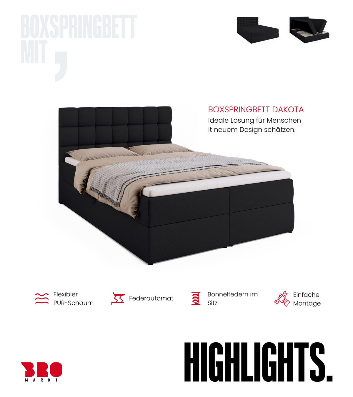 BOXBETT Dakota mit Topper 140/200 Schwarz - Schwarz, Textil (140/200cm) - Bromarkt