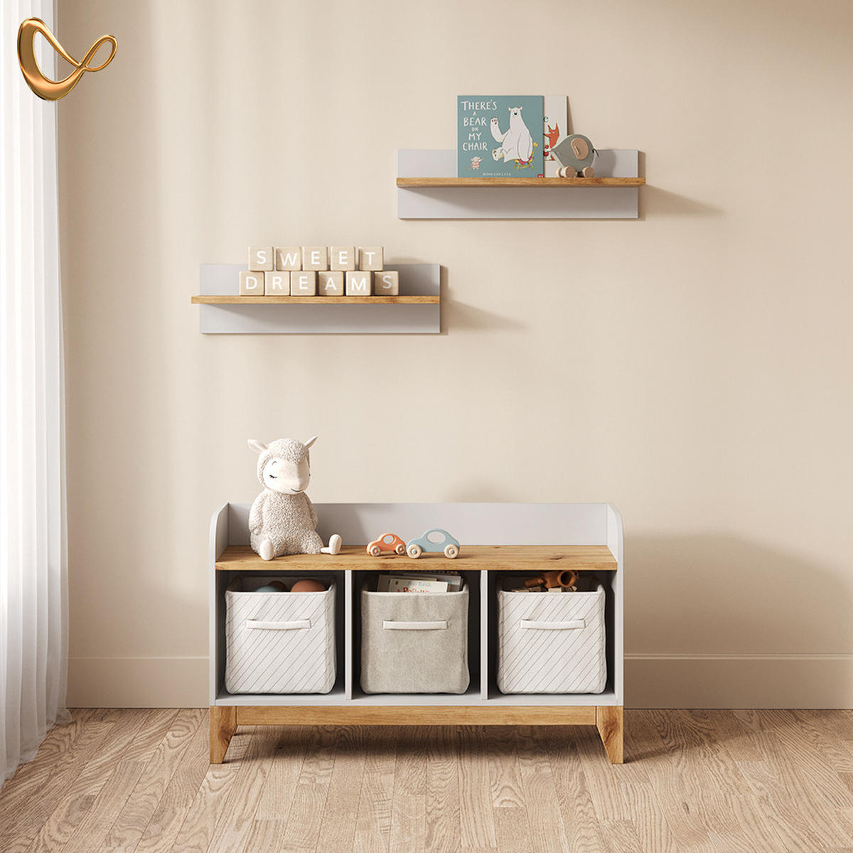 KINDERSITZBANK Mailo Weiß/Artisan 107.2 x 63.8 cm mit 2 Schubladen - Weiß/Eiche Artisan, Holzwerkstoff (107.2/63.8/30.6cm) - Livinity®