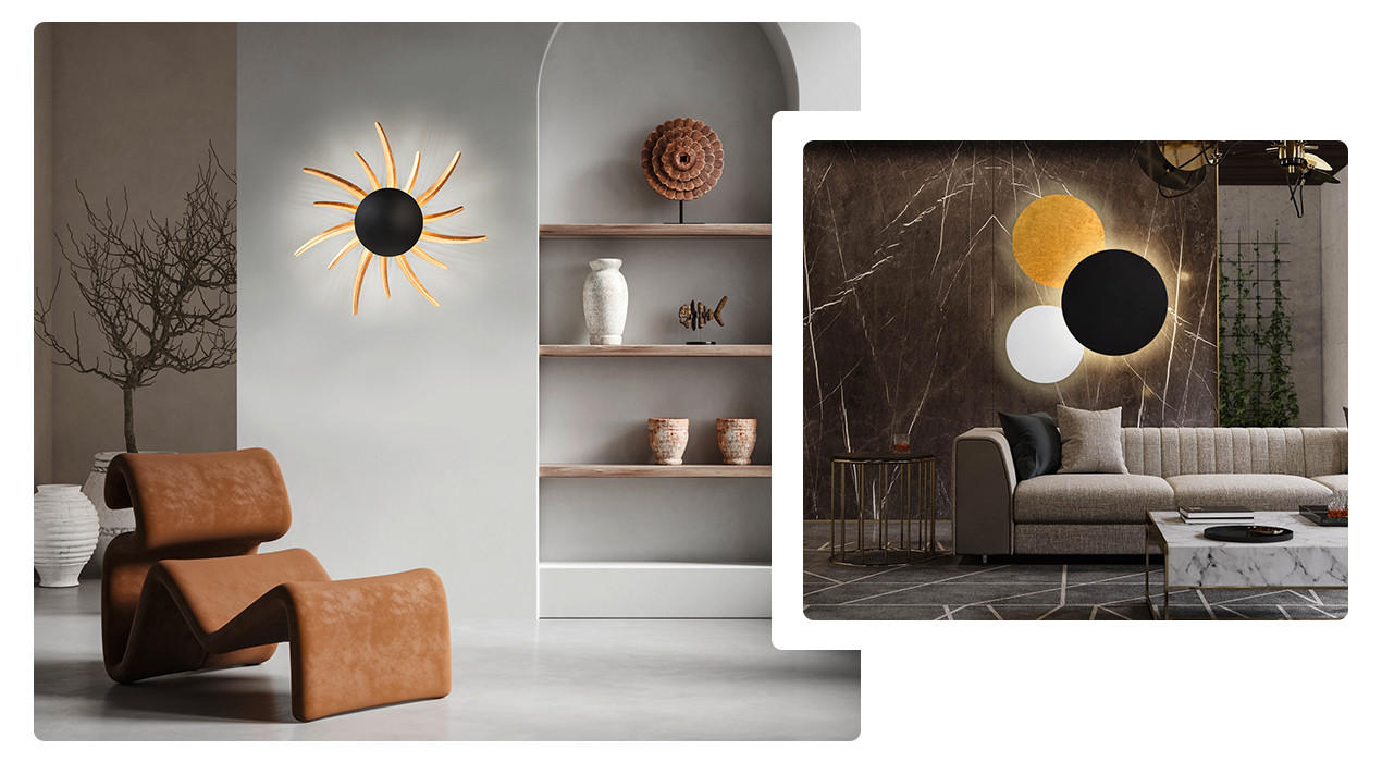 Wohnzimmerwand gestalten, Leuchten im Wohnzimmer, Sessel, Wohnlandschaft, LED-Wandleuchte