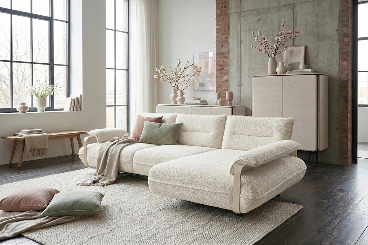 ECKSOFA ANISSA Cremeweiß Flachgewebe - Creme/Schwarz, Kunststoff/Textil (185/297cm) - KAWOLA