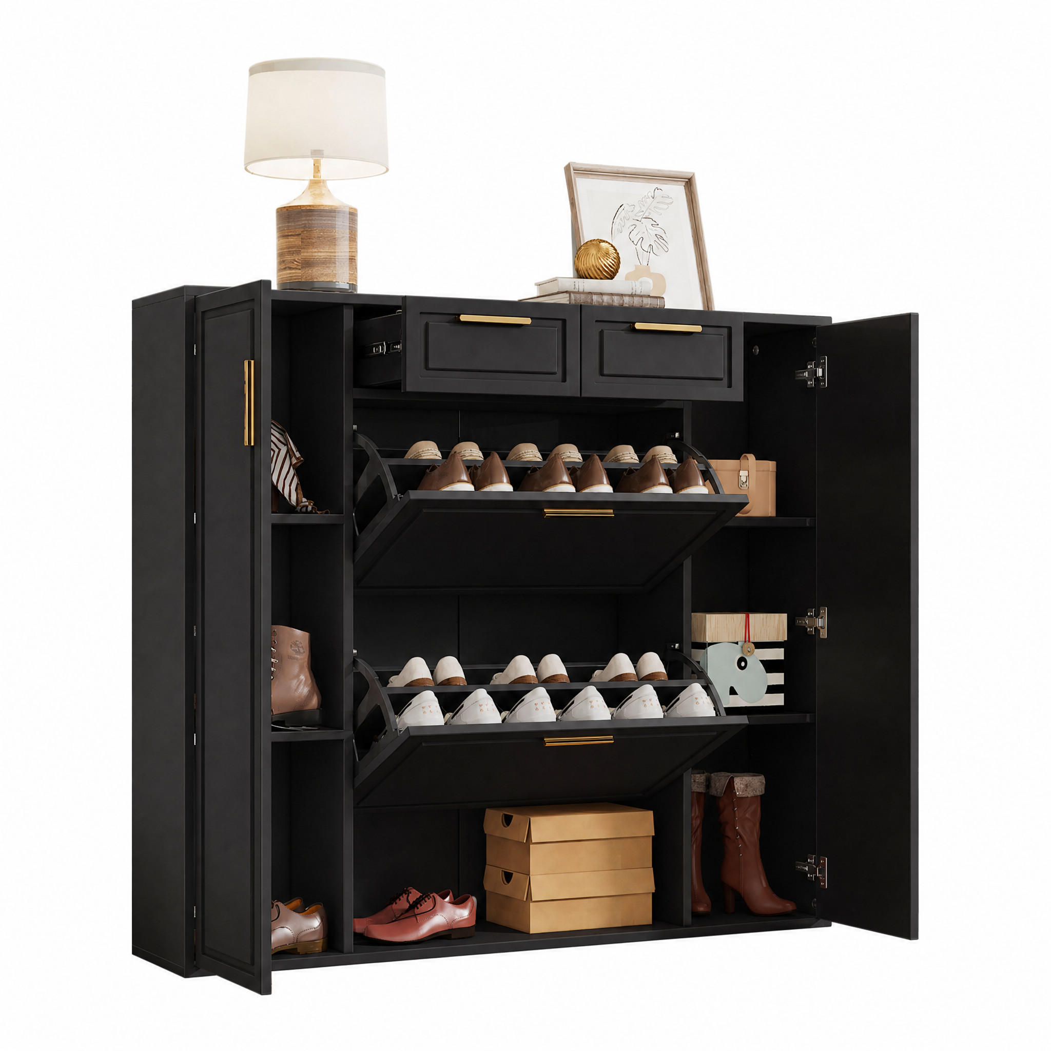 SCHUHSCHRANK 120cm Klappschrank 2 Türen Schubladen Schwarz - Schwarz, Holzwerkstoff (120/107/24cm) - FLIEKS