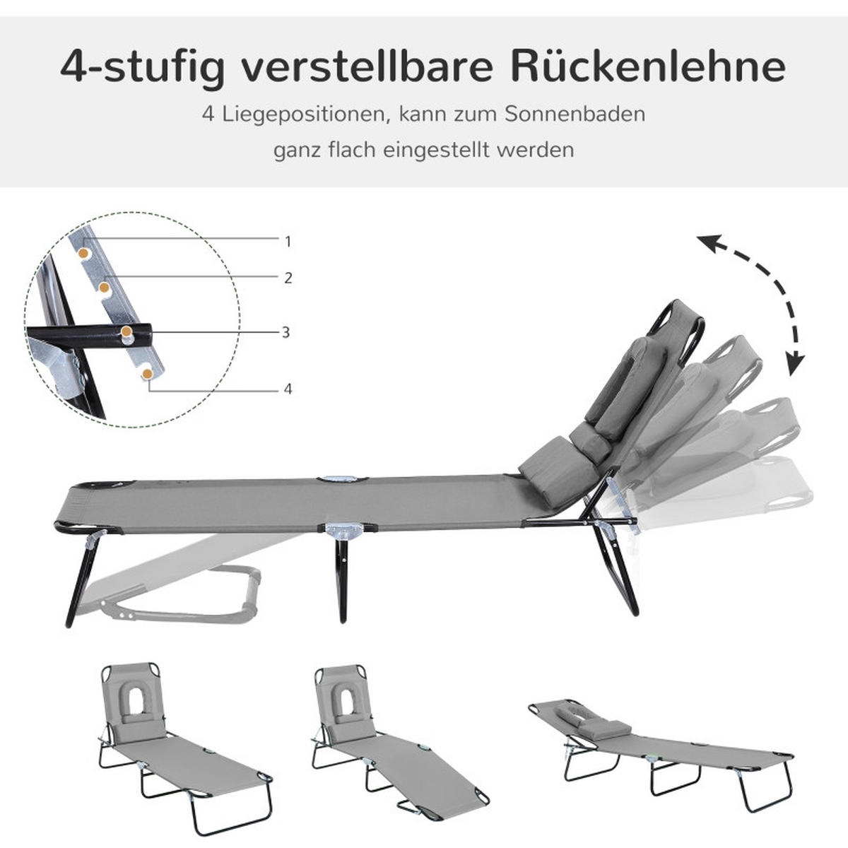SONNENLIEGE mit Gesichtsloch & Kissen klappbar 187 x 58 x 36 cm Dunkelgrau - Grau, Metall (58/36/187cm) - ComfortXL