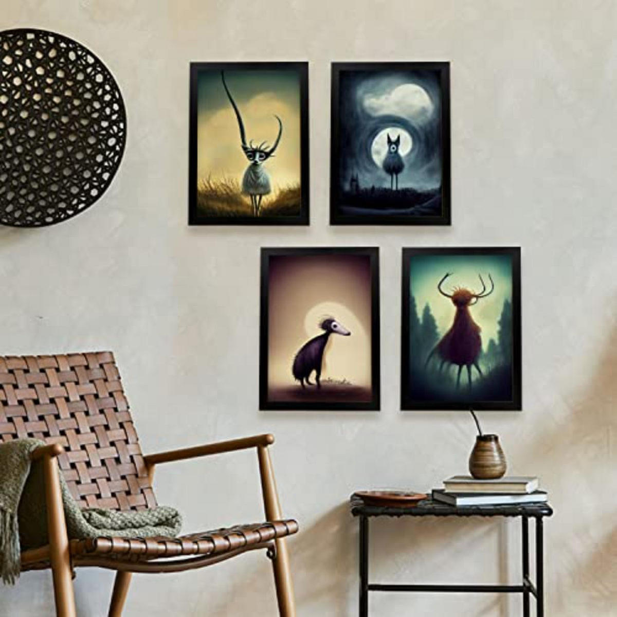 POSTER Set mit 4 Wald Tier im T Burton Goth Stil A3 Weißer Rahmen - Weiß, Papier (29.7/3cm) - Nacnic